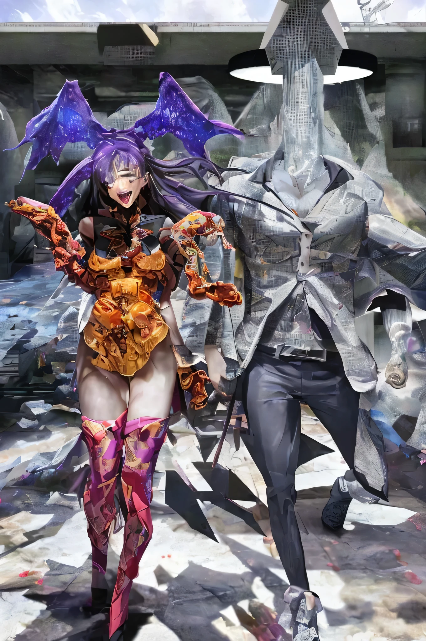 ultra-real hyper-insane stunning ultra-surreal laughing couple very well dressed fashion is in bed, intricate pieces of cubist flesh drink wine and emerging from within them other pieces with cubist facet bodies, bizarre and big old devices glued to the heads, bodies fused together, show entire full bodies, eating insane things, sunny beautiful background, super detailed, ultra-realistic, studio quality, 48k/HD, high contrast, hyper-realistic shadows, octane rendering, sharp focus