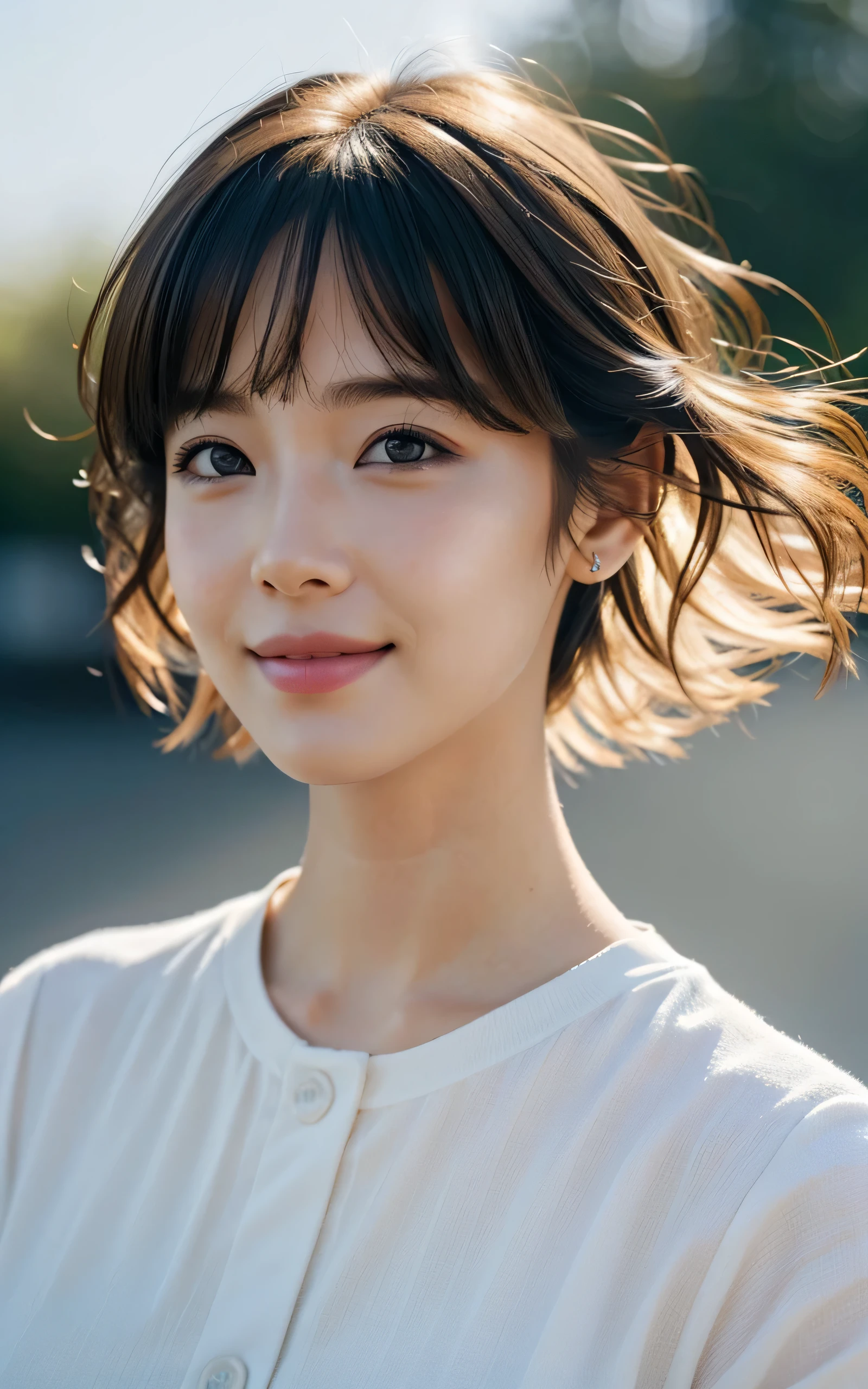 photo-realistic, surreal, cinematic lighting, 32K, 1 girl, look up, Backlight, (bright light:1.2), (Improvement of quality:1.4), (Highest quality realistic textured skin:1.4), detailed eyes, detailed face, shy smile, close up of face, short hair, bangs, blouse, (Enhances the beauty of skin texture:1.1), matte texture