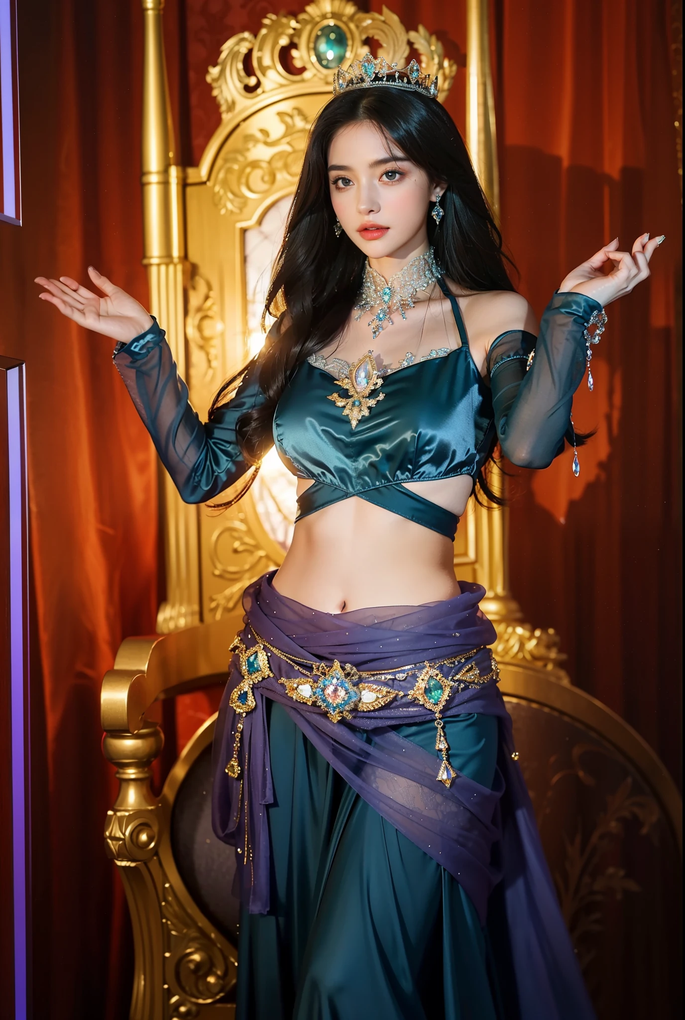 Royal sister,exquisite eyes,Detailed facial expressions body,tall figure,number,Leg length,4K,HD,Translucent lace,Fair and plump figure,pretty face,Little cherry mouth,beautiful and delicious(3D royal sister),exquisite dress,Wear crystal jewelry,Gorgeous crystal gems,Gem and jewelry crown,The colors of the picture are very vibrant,Gorgeous ice and snow princess,