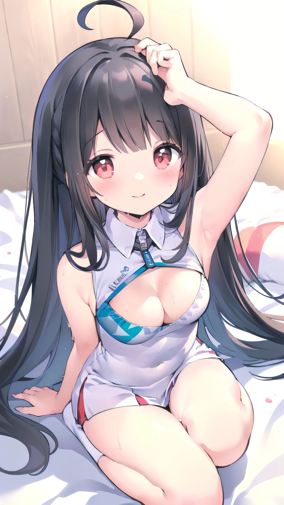 (1 girl, sleeping position on gym mattress, showing both arms hot sweating armpits, cheering poses, wearing cheerleader uniform, high school student:1.5), (gentle housewife, small girl, full body, depth of view,  and short figure girl, cute and adorable, perfect woman, medium cleavage, mature aura:1.2), (masterpiece, best quality, HD Pictures, 4K:1.1), ((very long hair, bangs, gentle look, gentle smile, gentle eyes, mature looking, pinkish cheeks, very detailed eyes, very detailed pupils, very detailed ridiculously long black hair, detailed face, detailed ruby red eyes)), full body, look up to viewer, detailed long black hair, (happy gentle face, warm smile, blushing red cheeks:1.3)