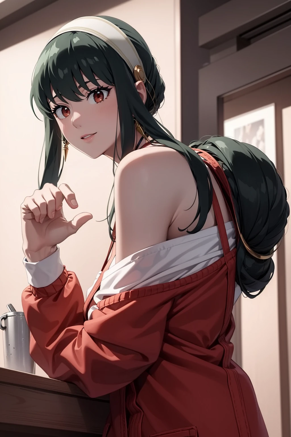 hight resolution、​masterpiece、1girl in、Bjorf、A dark-haired、short hair with long locks、white hairband、Look up、Kamimei、bending forward、smile、Bring your face closer、Red Eyes、Gold Earrings、Jewelry、off shoulders、Red Sweater、long-sleeve