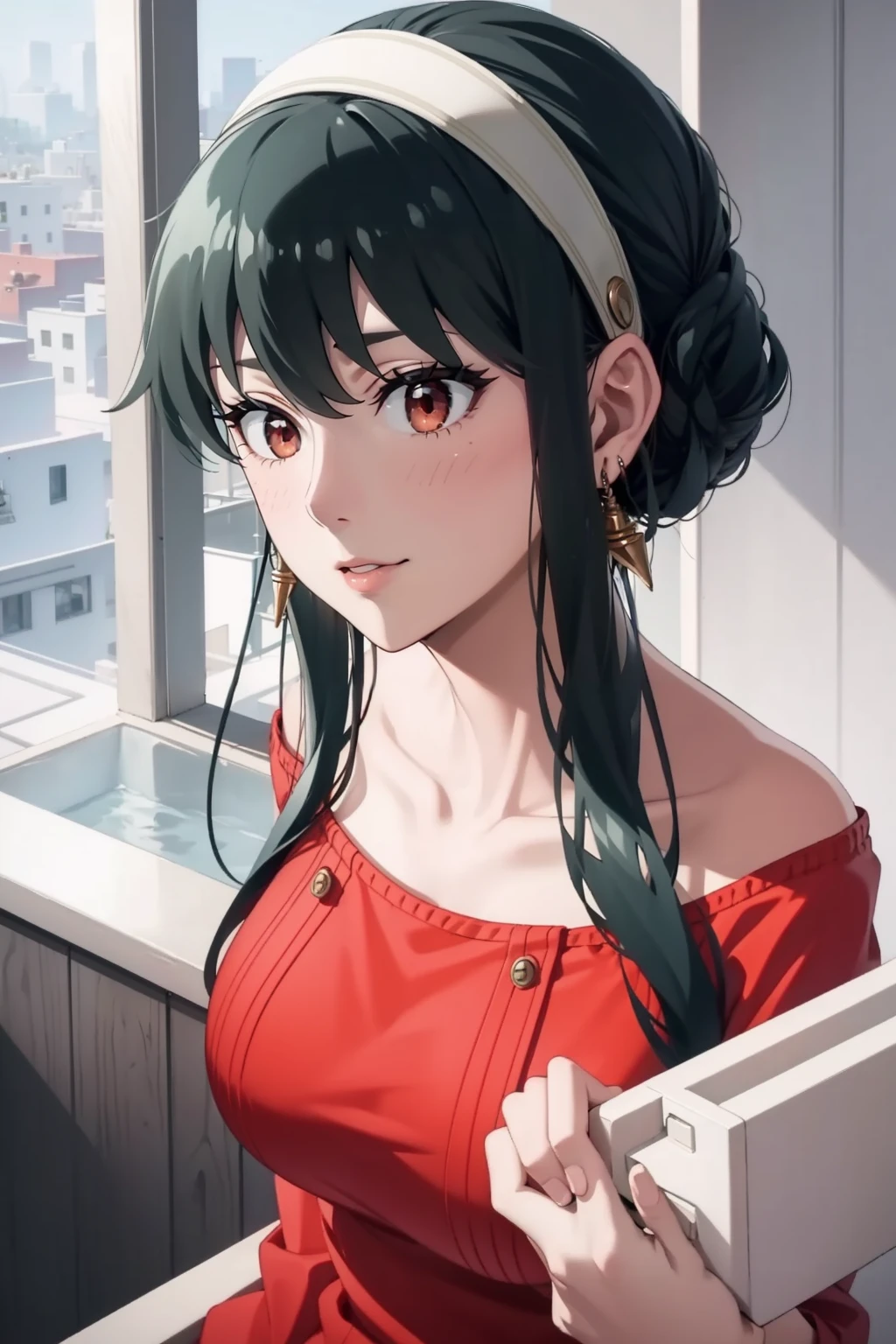 (masterpiece:1.4), high quality, high definition, sharp focus, detailed clothes, detailed body, detailed face, anime, best quality, 4k, 8k, absurd resolution, intricate detail, detailed hands, detailed eyes, animation, illustration, highly detailed, highres, extremely detailed, <lora:ETO_OCC002:0.7> ETO_OCC, black hair, (curly hair:1.5), long hair, thick eyebrows, <lora:hyperdenoiser_v090:0.6> (plump), (hazel eyes:1.3), (parted bangs:1.4), <lora:ETO_OC:0.2> ETO-OC, <lora:perfetfingers:1>, breasts, skindentation, <lora:hyperrefiner_v090:0.6>, outdoors, 1girl, (balcony:1.5), <lora:colorkimono:1> Mustard kimono, japanese clothes, smiling, (looking at viewer),