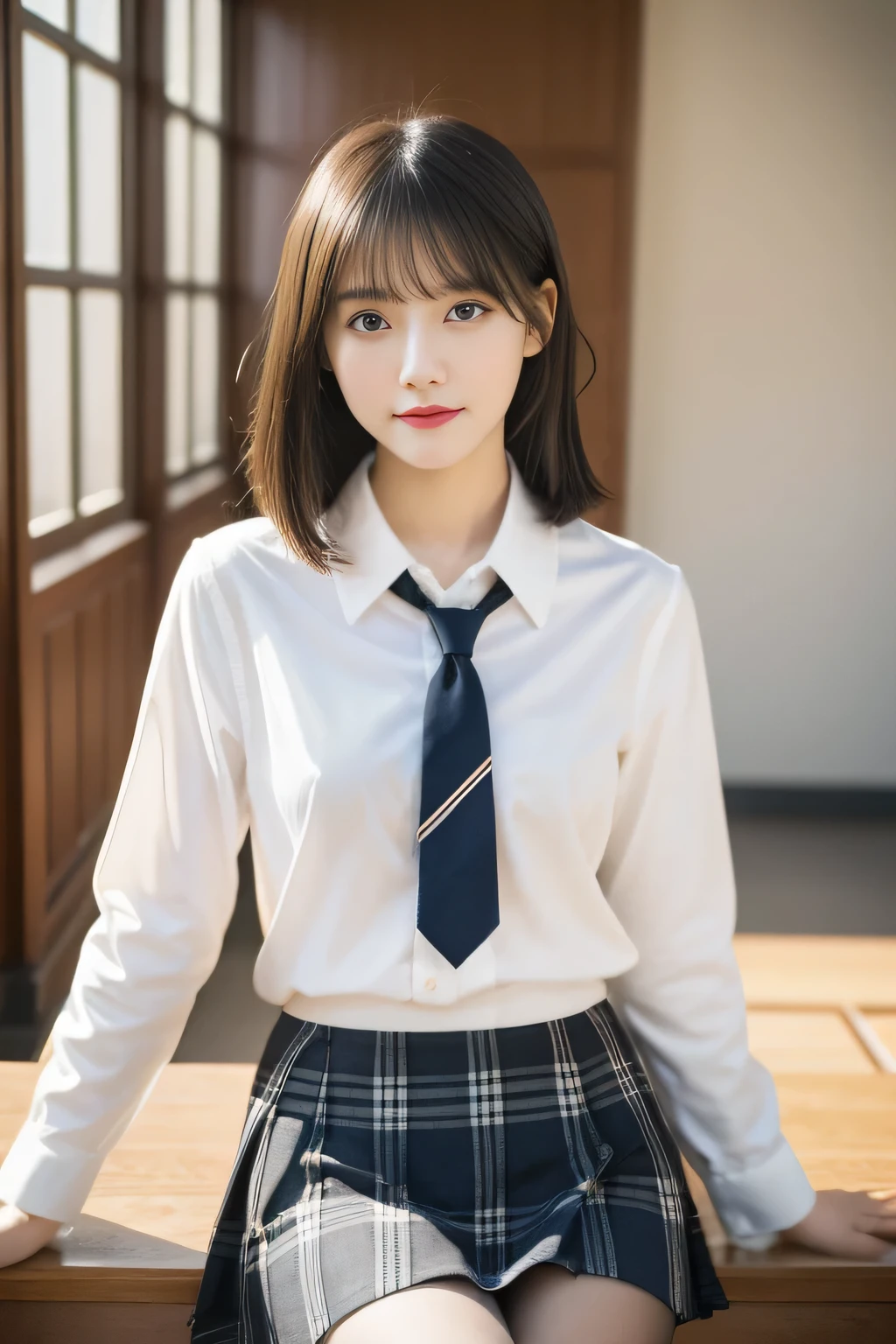 masterpiece,highest quality,official art,High Definition CG Unity 8K Wallpaper High School Girl,very delicate and beautiful,超High resolution,(realistic:1.4),golden hour lighting,(Full body Esbian),In the classroom,(Platinum Short Hair:0.8),(cute eyes),looking at the viewer,facing the front,, 笑face,JK skirt(Plaid), bust,high school uniform,tie, masterpiece, highest quality, Raw photo, realistic, face, incredibly irrational solution, written boundary depth, High resolution, Super detailed, small details, very detailed, 非常に詳細な目とface, sharp pupils, realisticな生徒, fix sharp focus, cinematic lighting, idol style、very cute:1.2、black haired、bangs、Lips are natural color、