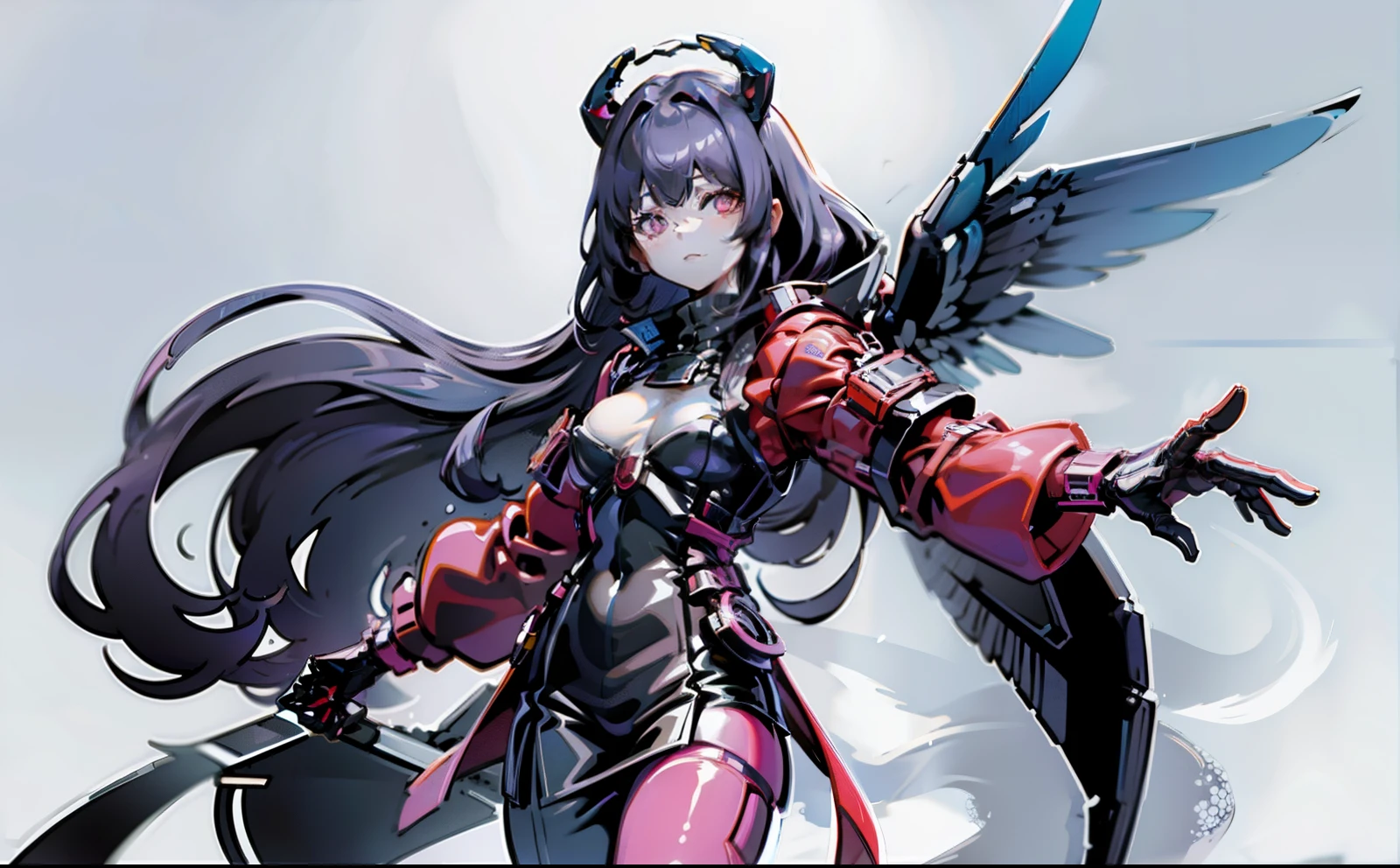 Masterpiece,1 girl, long hair, black hair, pink eyes, Beautiful skin, Beautiful arms, beautiful hands, Bust Cup B, narrow waist, Beautiful hips, Beautiful slender legs., Beautiful feet, sword fighting posture, female warrior, Black Bodysuit, Armor, A set with a futuristic mechanism, black jacket, metal armband, Black wings, Clean the wings, Blue lights follow the body suit., fly, Magical light , Huge fantasy sky, flame, thunder, dynamic light, 8ก, Masterpiece, very detailed, realistically