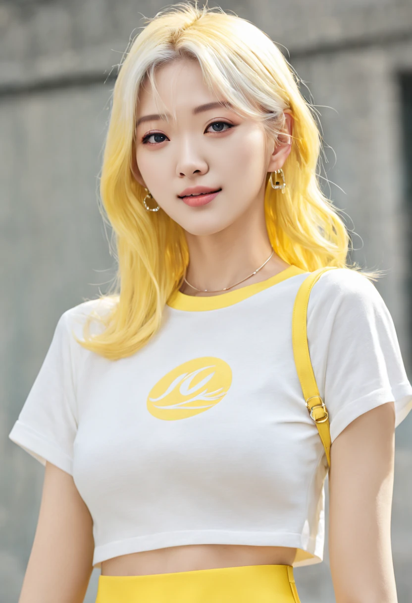 （（（  blue eyes, Large breasts，with short white hair，））），((Masterpiece)),A high resolution, ((Best quality))，tmasterpiece，top-quality，best qualityer，（（（ Exquisite facial features，looking at viewer, ））），（（（Light and shadow interlace，huge boob，white skinned，laughingly，self-assured））），（（, with ripped crop t - shirt, Wavy hair yellow theme, cropped wide sleeve, Light yellow, floating golden hair, Clean image, Wang Yiren Fromis 9, Very sunny, fancy top, dream medium portrait top light, (((Yellow))), wearing yellow croptop, Yellow, casual clothing style）））