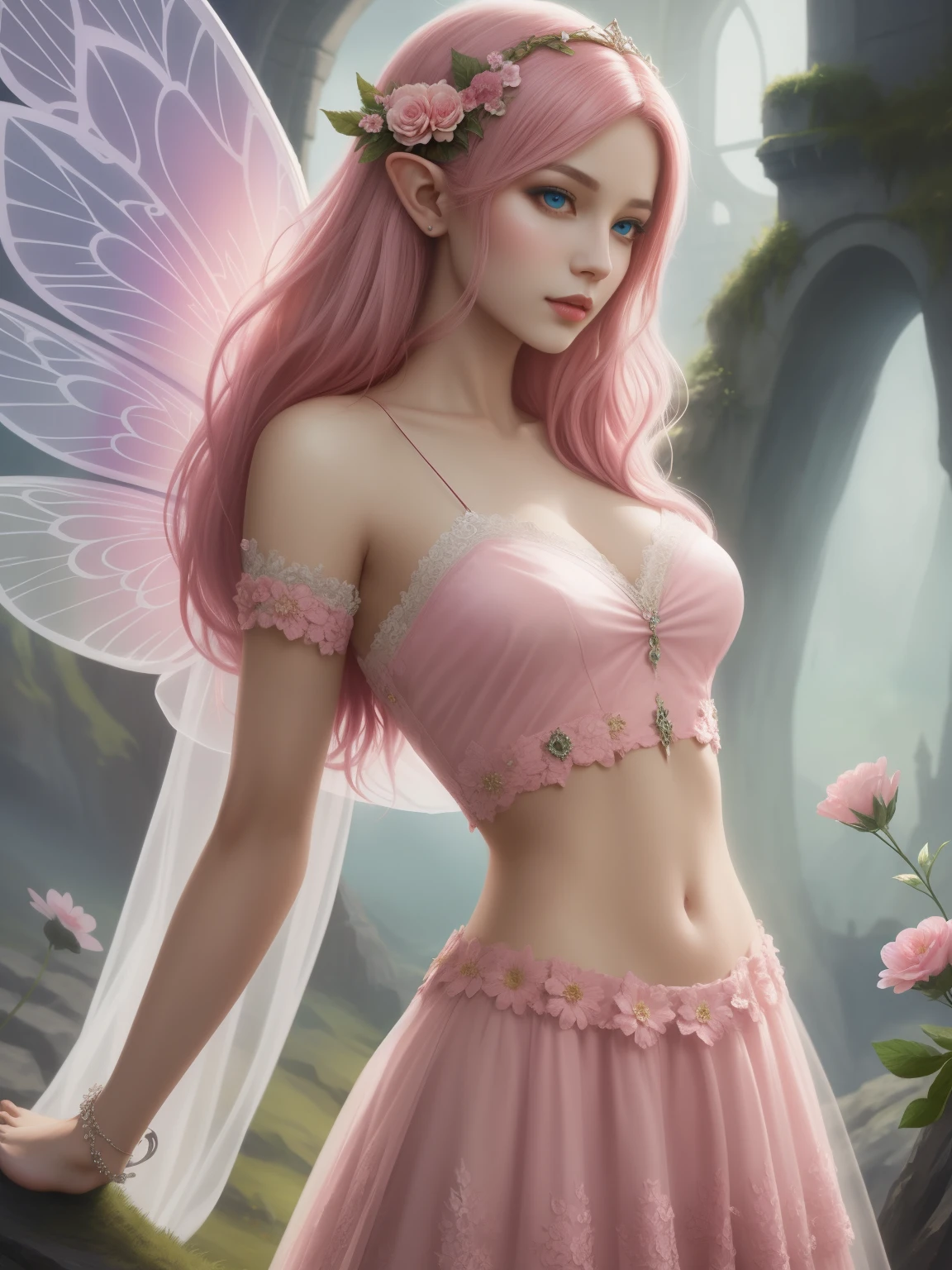 Woman with long pink hair and flowers in her hair wearing an elegant lace floral dress, Fantasy art with beautiful fairy wings, , beautiful fantasy art portrait, very beautiful fantasy art, beautiful fantasy maiden, fantastic fantasy, fantastic fairy tale, beautiful fantastic portrait, fantasy beautiful, very beautiful digital art, breathtaking fantasy art, amazing fantasy art, beautiful digital art, Beautiful and gorgeous digital art, beautiful elven princess