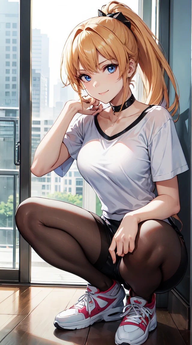 Young girl, long blonde hair, high ponytail, blue eyes, sports top, shorts, large breasts, smile, karambit, masterpiece, high quality, white sneakers, chocker