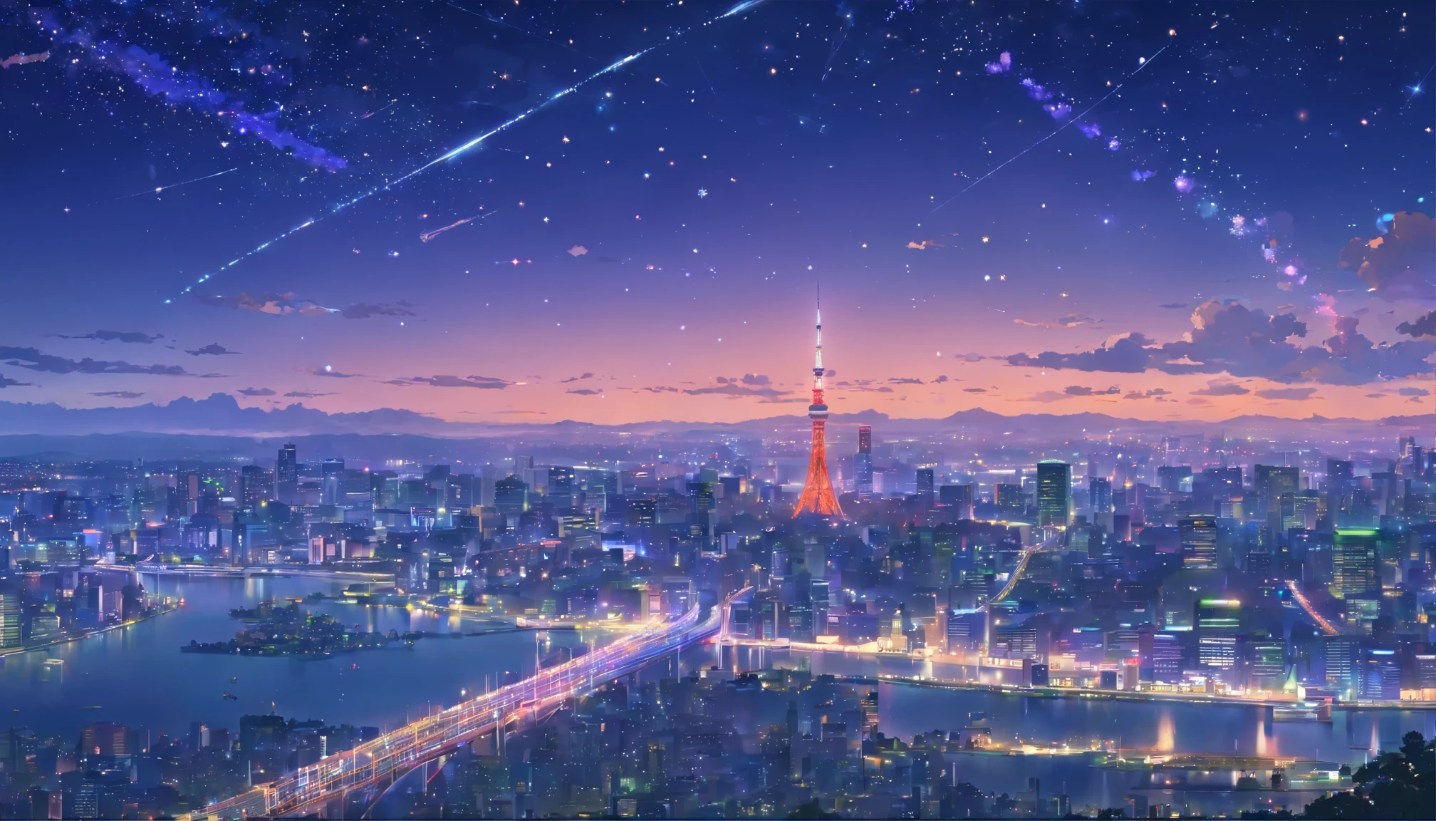 Tokyo city in night, landscape view, constellation, in the sky