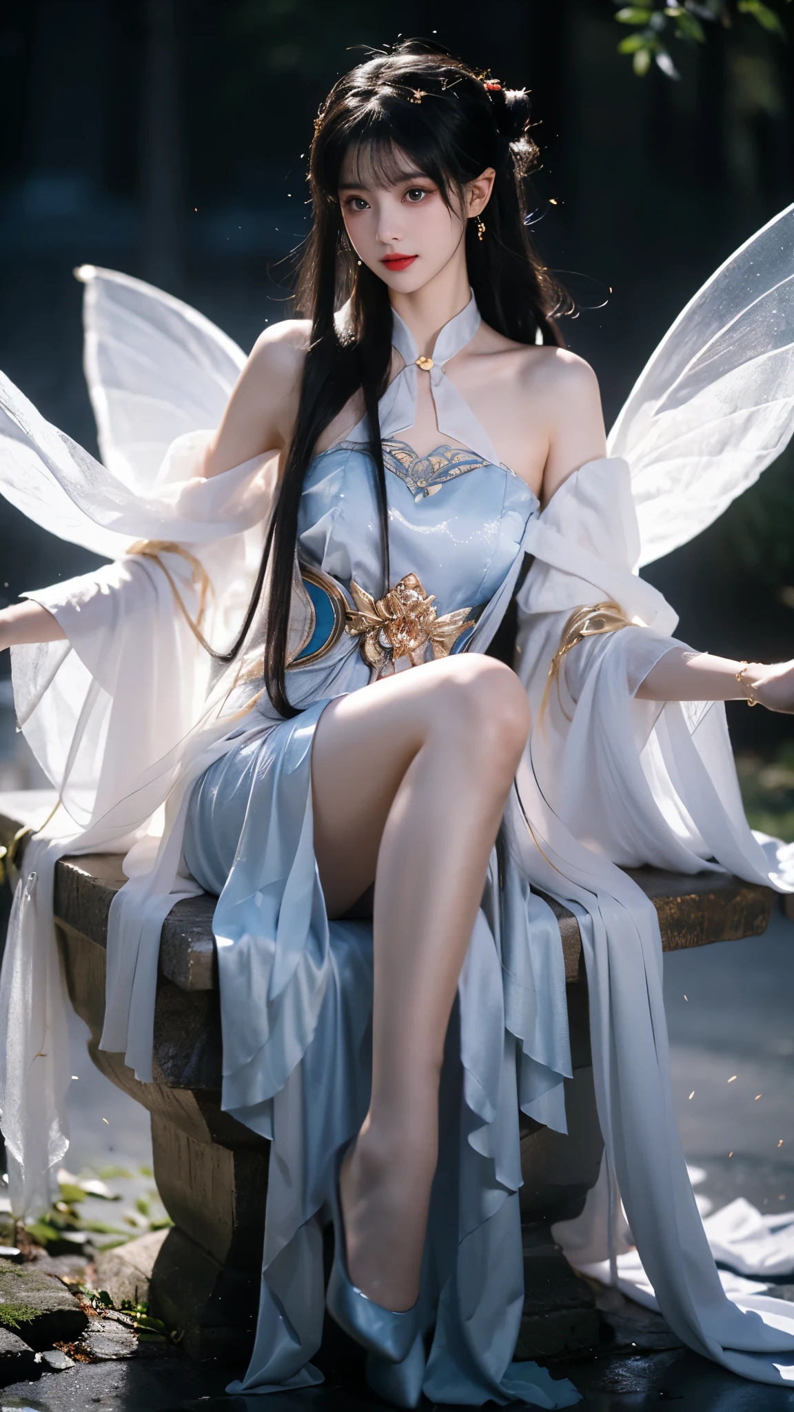 yinziping,china dress, (masterpiece, best quality:1.2), 1girl, solo, ((off shoulder clothes)), In the depths of Wonderland，The moonlight falls like water，foggy room，The figure of the heroine is vaguely visible，Just like the fairy in the painting，Slender sexy legs，Very nice legs，Leaking sexy legs，Big breasts，美丽而又带着一丝mystery的色彩。Her face is beautiful and delicate，Like finely carved jade，Showing otherworldly beauty。The eyebrows are picturesque，The waves in my eyes are like twinkling stars，Show the light of perseverance and wisdom。The bridge of the nose is straight，Lip color like cherry，The slightly raised corners of the mouth reveal confidence and calmness。Her face is well defined，The skin is as fair as jade，Reveals a healthy glow，Just like a fairy, she never eats fireworks in the world。Her makeup is light and delicate，Not too much embellishment，But enough to show her temperament and charm。Light-colored foundation brings out the transparency of the skin，A light eyebrow pencil outlines her perfect eyebrow shape，Eye makeup is eye shadow and eyeliner，Make her eyes brighter and more energetic。嘴唇涂上grace的口红，Adds a bit of charm and sophistication。她的衣服grace别致，Clothes flutter，It seems like it will be blown up by the wind at any time，drifting into the distance。既不失grace，Also showed her extraordinary skills。Rocking with her movements。Her hair is tied back casually，Secure it with a hosta，A few strands of hair are fluttering gently in the wind，Adds a bit of softness。Her figure is looming in the fairyland，宛如一道Big breasts美丽的风景线，attracted everyone&#39;s attention。She seems to be a fairy in wonderland，Big breasts美丽、grace、mystery、and full of power。
