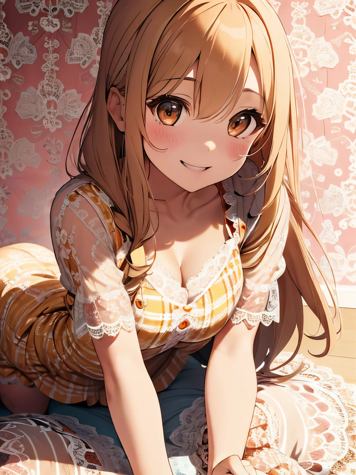 girl,Light orange,Long curled hair,,((slouch:1.5)),((close up of face:1.3)),pastel colored background,Cute atmosphere,Plaid,((Cute pose on all fours:1.3)),((smile)),((A slightly sexy fluffy dress with lots of lace:1.35)),((lace pattern background:1.5))