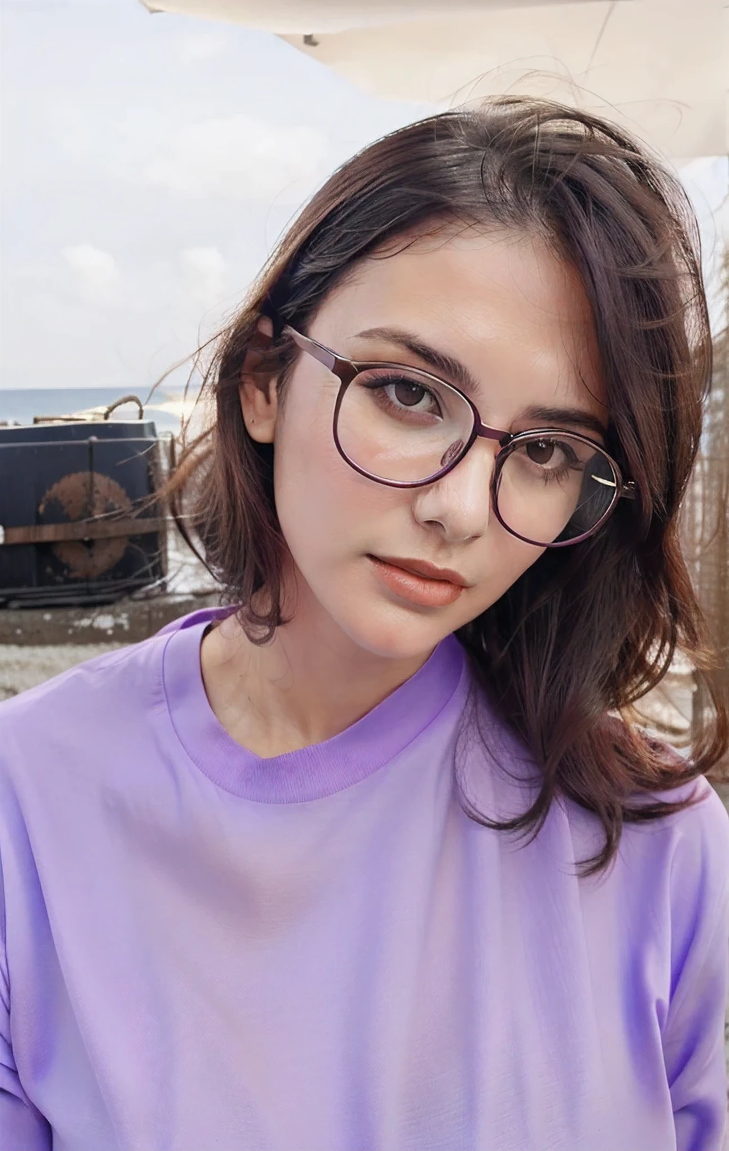 Close-up of woman wearing glasses and purple shirt., transparent glasses, with square glasses, wear thin, large round glasses., thick black hair,Sea backdrop,The wind blows my hair