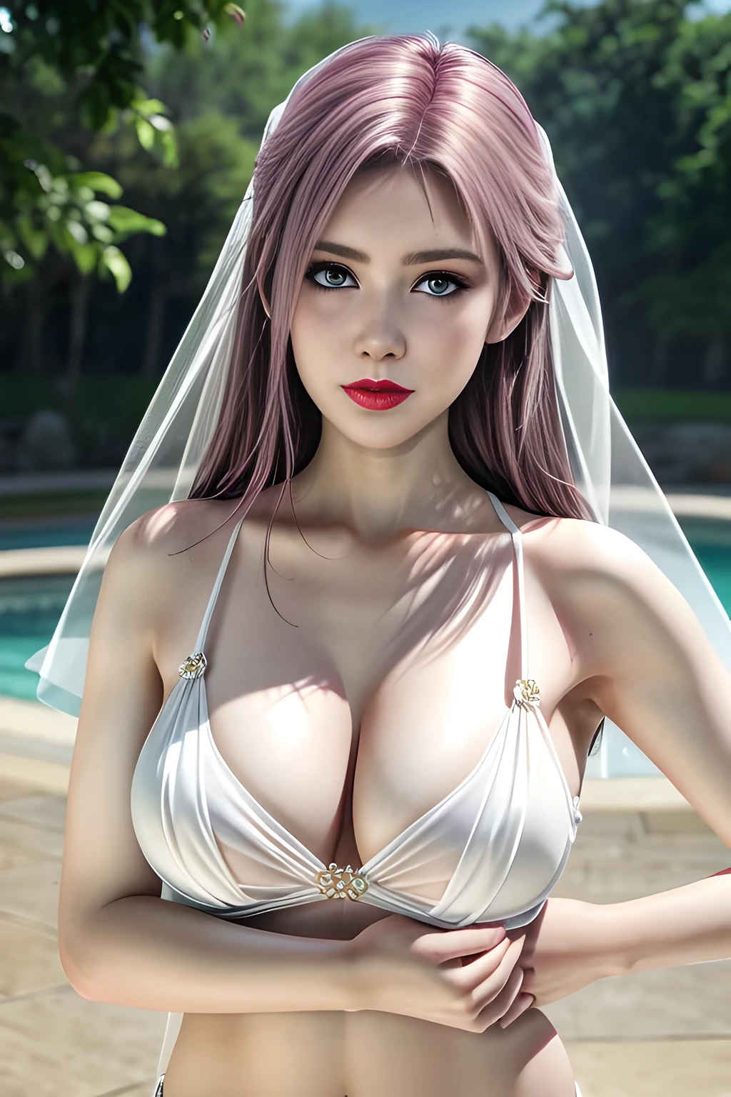 1 girl,Alice,(Wedding dress),bikini moda,outdoor,  (standing posture),grace,(((red lips))), Lips slightly open,  clavicle,Lactation,(huge breasts),shiny skin,((8k, original photo, top quality, masterpiece), HD RAW color photos professional close-up photos, (actual, photorealism: 1.37), (best quality),8k,Fabric luster,alone,