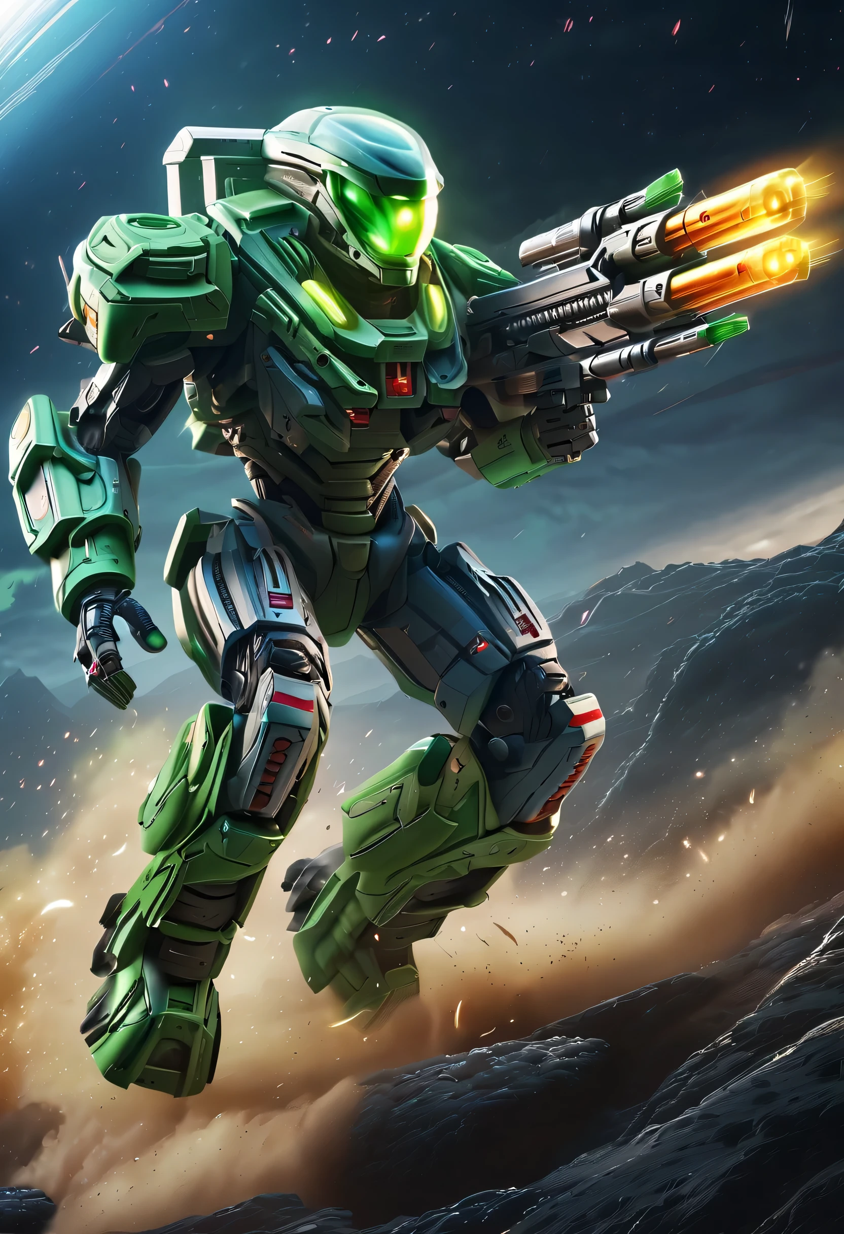 best quality，masterpiece：1.2，super detailed，lifelike：1.37，high tech，红色机甲机械warrior与飞机作战，warrior，running，Dodge，Handheld Gatling Launcher，Combat action，Luminous energy core，Chasing the exotic sea，Interstellar，flying saucer