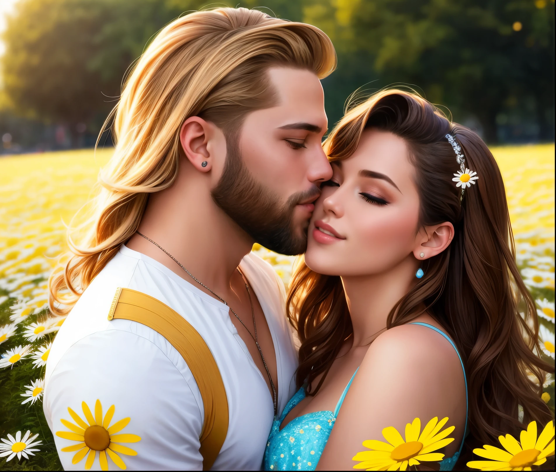 Blonde man with beard kissing a brunette woman in a dress in a park, kissing together cutely, promo still, kissing, promotional still, lovely kiss, the kiss, kissing together, high quality film still, high quality movie still, hot, wonderful scene, the most beautiful scene, kiss, beautiful scene, movie screen shot, couple kissing, most memorable scene, french kiss, Portrait standing in field of daisies, (8k, RAW photo, photorealistic),  best quality, ultra high resolution, depth of field, wide light, natural color, picture from distance, hair with many details, beautiful, 8k artgerm bokeh, fanart best artstation, render photorealistic, art in the style of guweiz, inspired by WLOP, ig model | artgerm, deviantart artstation cgscosiety