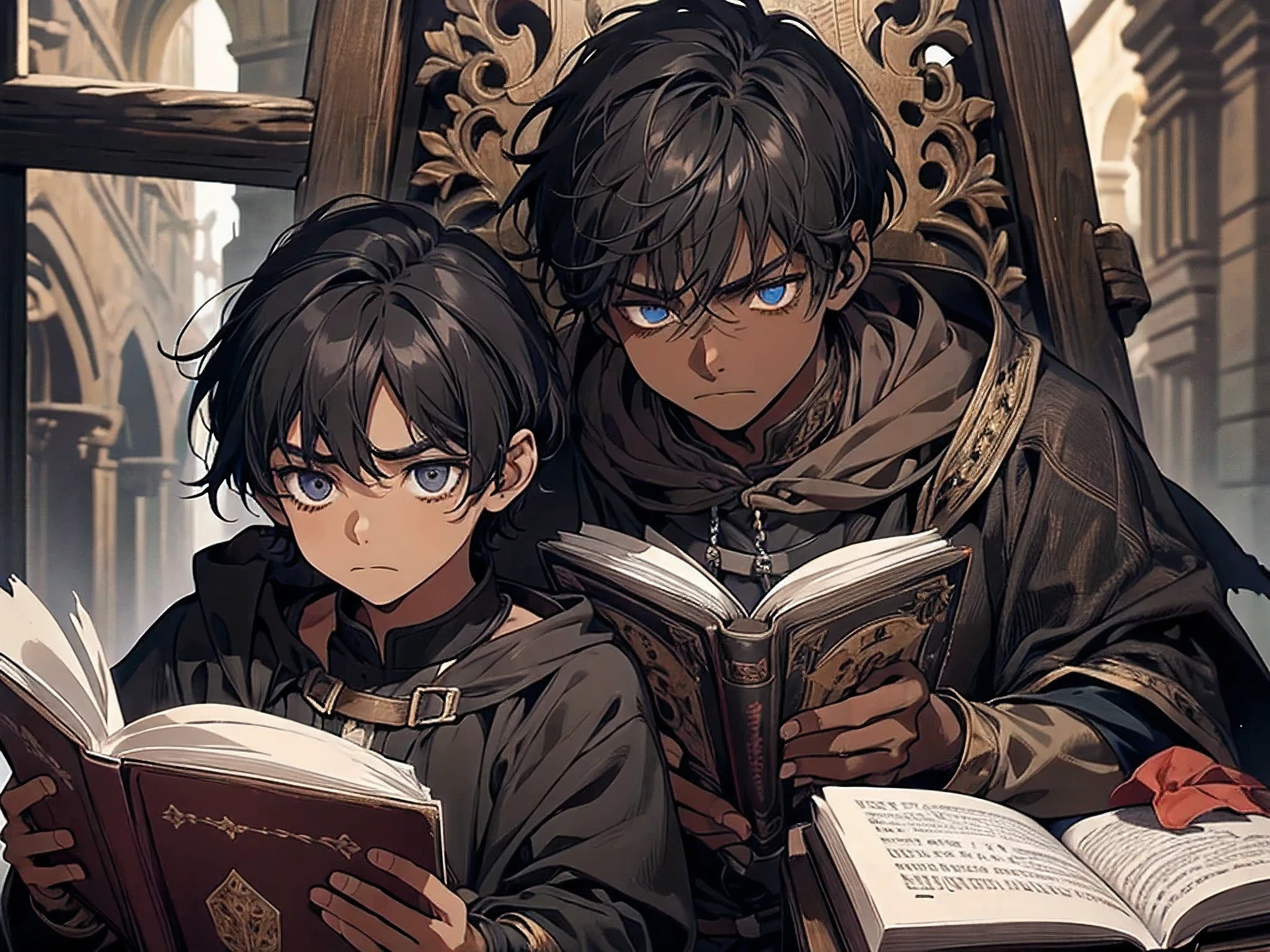 2 young kid, poor, medieval times, brothers, dark skin, black hair, torn clothes, ragged clothes, sad, frown, detailed face, detailed eyes, detailed nose, reading a book,