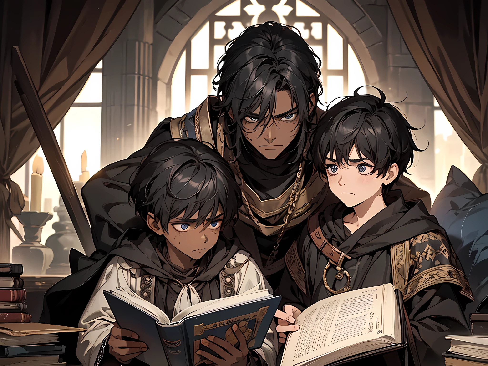 2 young ???, poor, medieval times, brothers, dark skin, black hair, torn clothes, ragged clothes, sad, frown, detailed face, detailed eyes, detailed nose, reading a book,