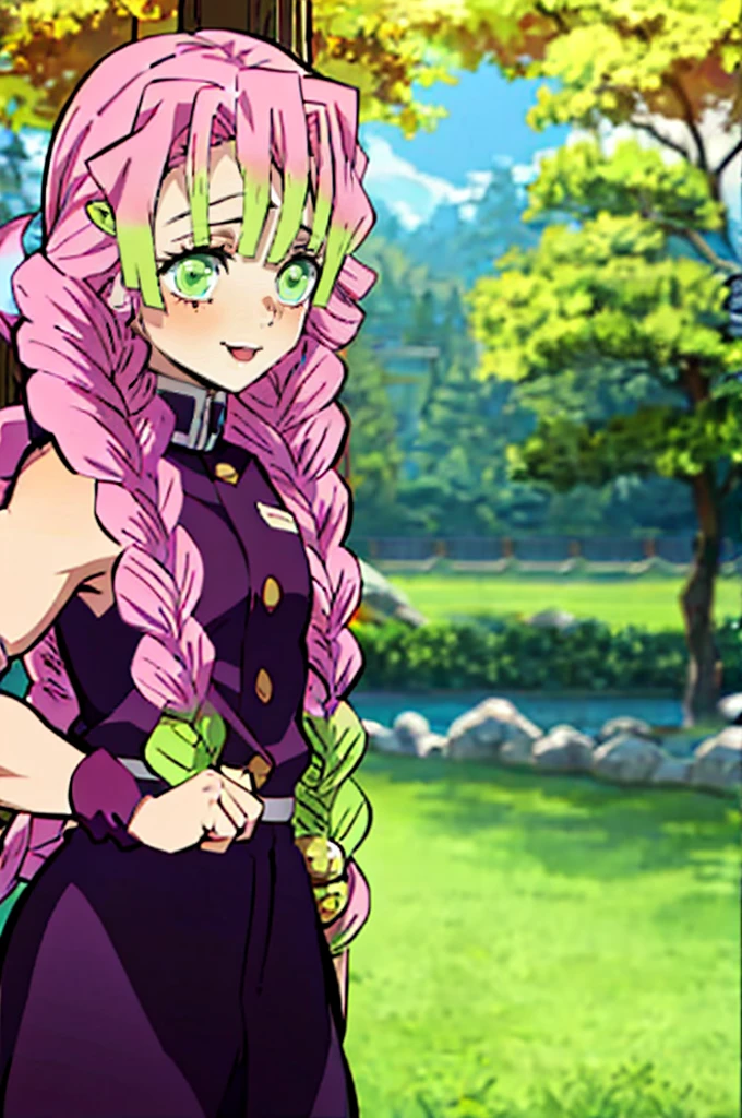 kanroji mitsuri, demon slayer, 1girl, solo, upper body, nature, sky, long hair, smiling, green eyes, pink hair, braid, outdoors, green hair, mole, blurry, twin braids, mole under eye, parody, portrait, demon slayer uniform, 