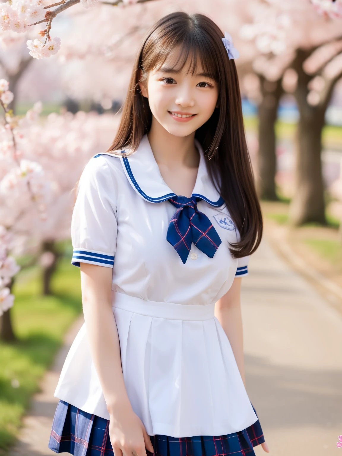 Beautiful woman、18-year-old 、full body shot、80 mm、small breasts、A sloppy smile、school uniform、Cherry blossom park