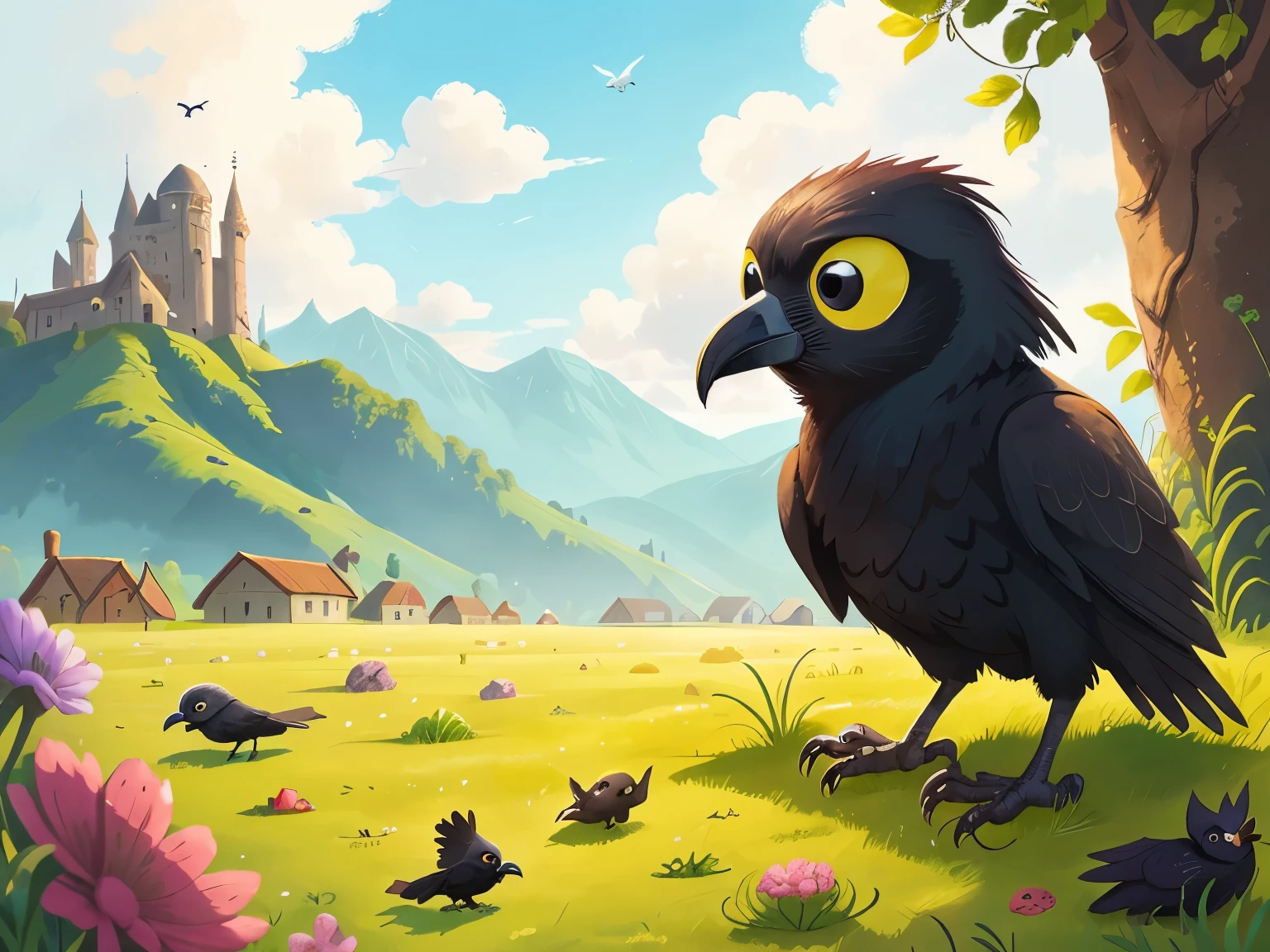 solo,(a crow flying in the sky:1.2), sun, grassland, distant mountains,((Glass bottles)), sky, black crow, cartoon, anxious,close-up,Fable story: Crow drinking water,