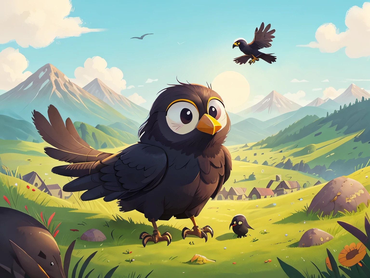 from above,solo,(a crow flying in the sky:1.2), sun, grassland, distant mountains, sky, black crow, cartoon, anxious,close-up,Fable story: Crow drinking water, 