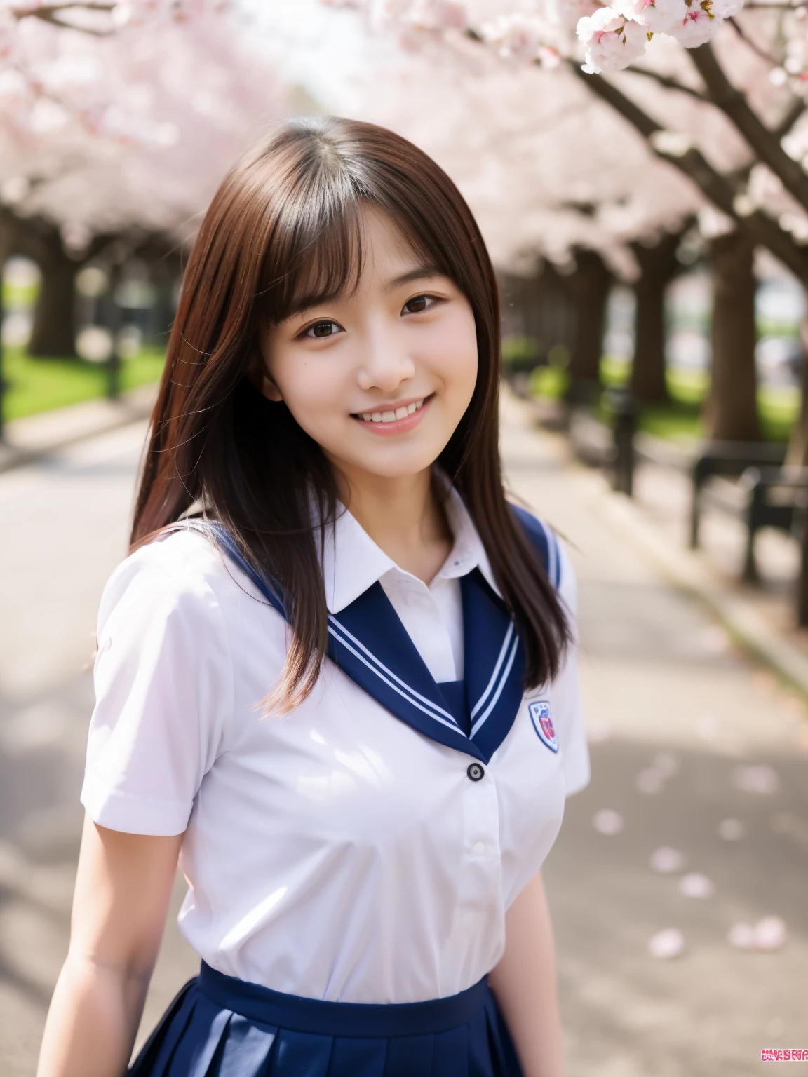 Beautiful woman、18-year-old 、full body shot、80 mm、small breasts、A sloppy smile、school uniform、Cherry blossom park