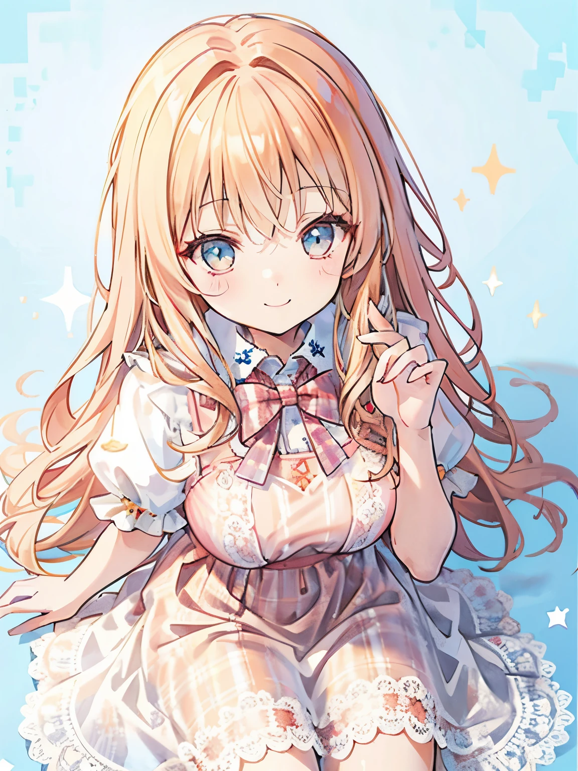 girl,Light orange,Long curled hair,,((Angle from above:1.5)),((close up of face:1.3)),pastel colored background,Cute atmosphere,Plaid,((Cute pose while sitting flat:1.3)),((smile)),((A slightly sexy fluffy dress with lots of lace:1.35)),((Simple lightblue background:1.5))