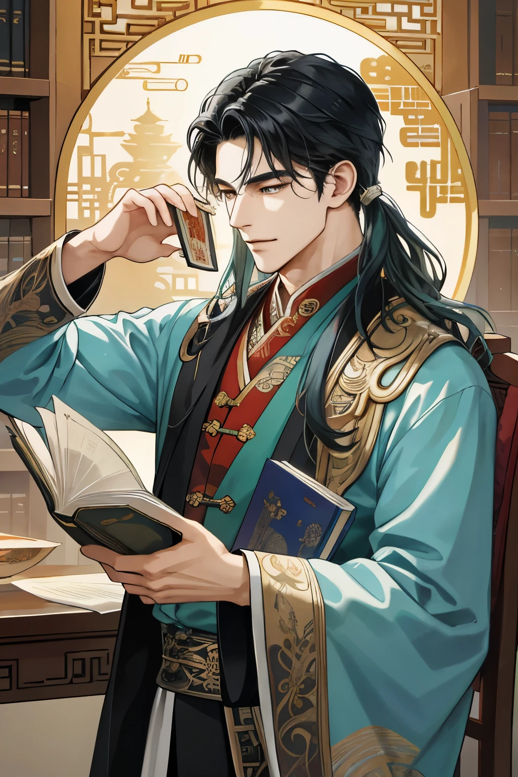 In the tranquil ambiance of a library, reminiscent of the Tang Dynasty era, a dedicated high student immerses himself in the fascinating world of science fiction. Sporting long, flowing hair and intently focused eyes, he adoptedly assumes a serious expression as he delves into the intricately illustrated pages of his novel. The ancient Chinese costume comic style adds a layer of intrigue to the scene, with its intricate and artful details that celebrate the rich heritage of Chinese art. The image, rendered in high resolution, captures the essence of the moment in an ultra-detailed close-up -- a testament to the timeless allure of books and the boundless imagination they ev