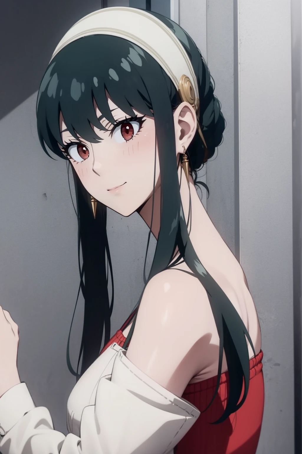 best quality, masterpiece, highres, solo, {yor_briar_spyxfamily:1.15}, black_hair, hairband, red_eyes, sidelocks, white_hairband, jewelry, earrings, bangs, long_hair