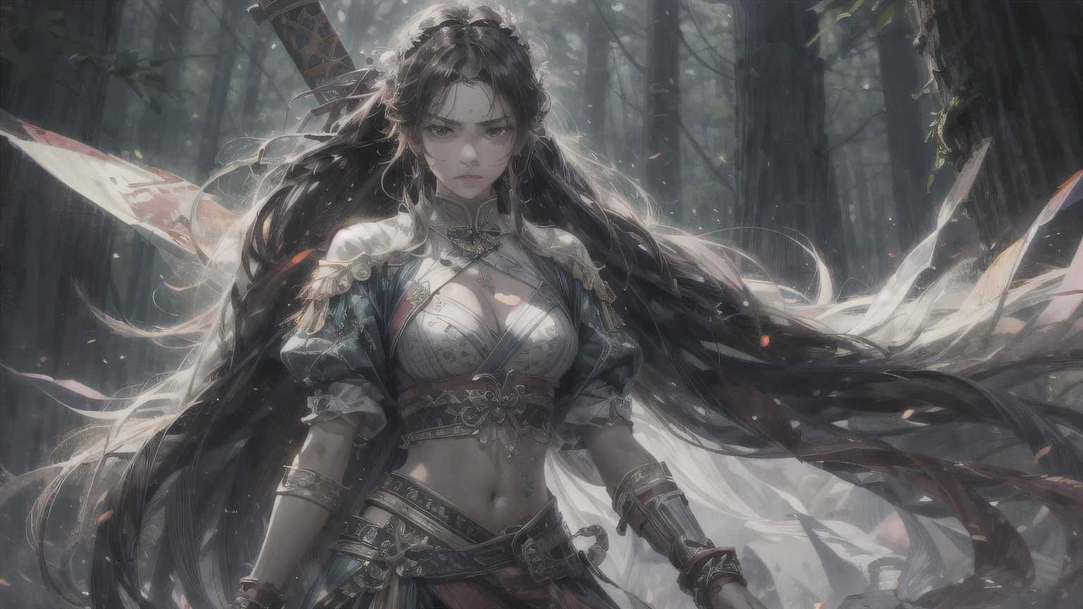 4K, ((very delicate))realistic, high resolution, woman in pine forest, alone, dark night, a ray of moonlight, dark brown hair, long hair, tearful sadness, angry lips, look at the viewer, (detailed face), super super big, 1 long, thin Joseon sword, big bust, thick thighs, Joseon Dynasty warrior wearing a bikini, 25 years old, looking straight ahead, Zoom in from face to waist,