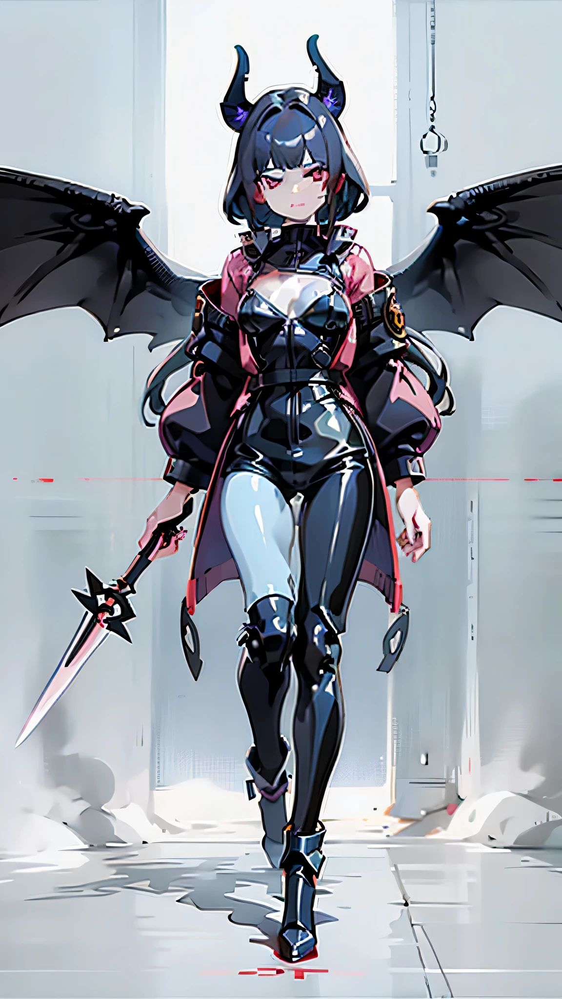 Masterpiece,1 girl, long hair, black hair, pink eyes, Beautiful skin, Beautiful arms, beautiful hands, Cup Chest B, small waist, Beautiful hips, Beautiful slender legs.., Beautiful feet, sword fighting posture, female warrior, Black Bodysuit (There are blue flames along the body suit.), armature, Set with futuristic mechanisms, black jacket(มีลวดลายflameสีแดงที่เสื้อ), metal armband, Black wings, clean wings, มีflameสีน้ำเงินที่ปีก, fly, magic light , Great fantasy sky, flame, , dynamic light, 8ก, Masterpiece, very detailed, actually