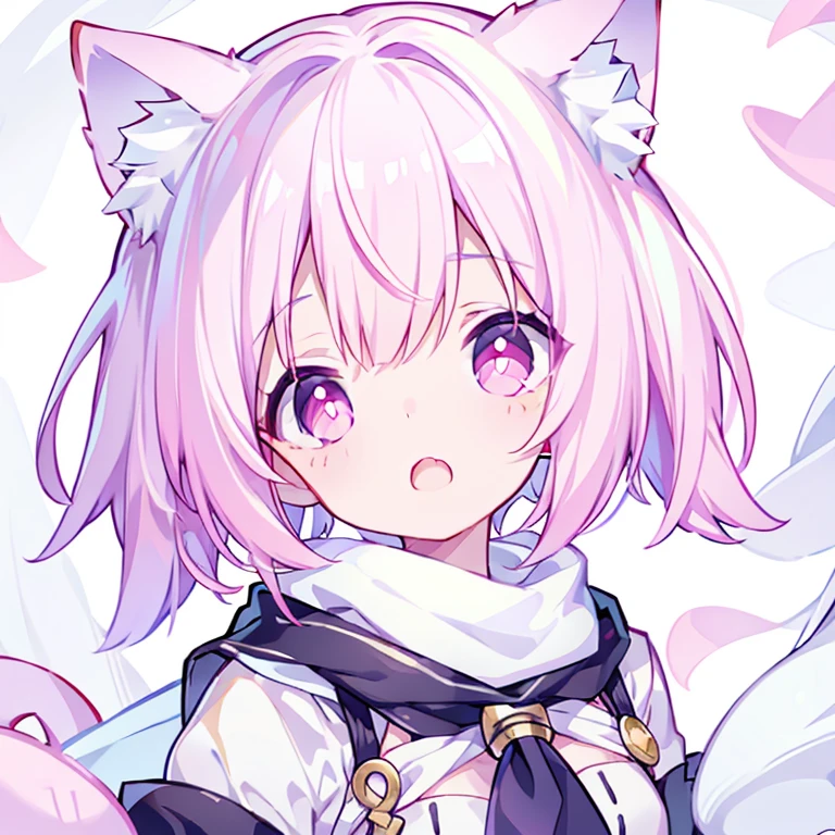 shining eyes、small breasts、Childish clothes、big mouth、Cat ear、light green hair、bob hair、scarf