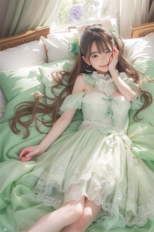 Masterpiece, Top Quality, Highly Detailed, Dress, Alone, ((Contrasting Eyes)), (lying down), (spreading legs), arms raised, armpits, from above, smiling, bedroom