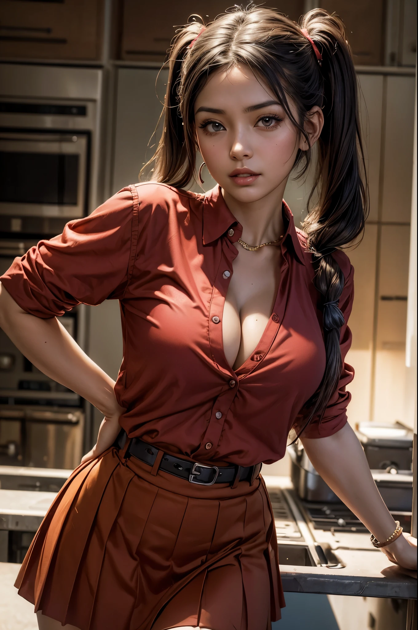 ((8K, Best Quality, Ultra High Resolution, masutepiece, Photorealistic:1.3)), Japan Arafe Woman, Big breasts, Hamburger clerk woman in red and yellow uniform、Sun visor、a miniskirt、Good Style、pigTail brown , Very short pleated skirt that fit her wide and sensual hips, Wearing a fitted and unbuttoned red shirt with a deep neckline, Sharpen the face, sharpen image, Enhanced definition of edges in images, Enhanced colors in images, Gorgeous 21 year old puerto rican woman with long pigtails,8k high quality detailed art, Sensual lighting in 8K, stunning cgsociety, pin up art, [ Trending on CGSociety ]!!