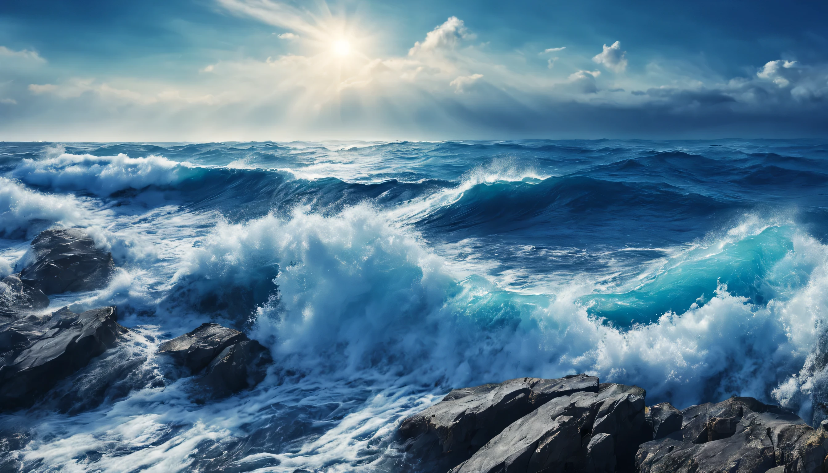 arafed view of a blue ocean with blue waves crashing, chaotic sea setting, breathtaking composition, beautiful sea landscapes, stunning ocean, magnificent background, beautiful background, beautiful dreamy breathtaking, beautiful blue ocean