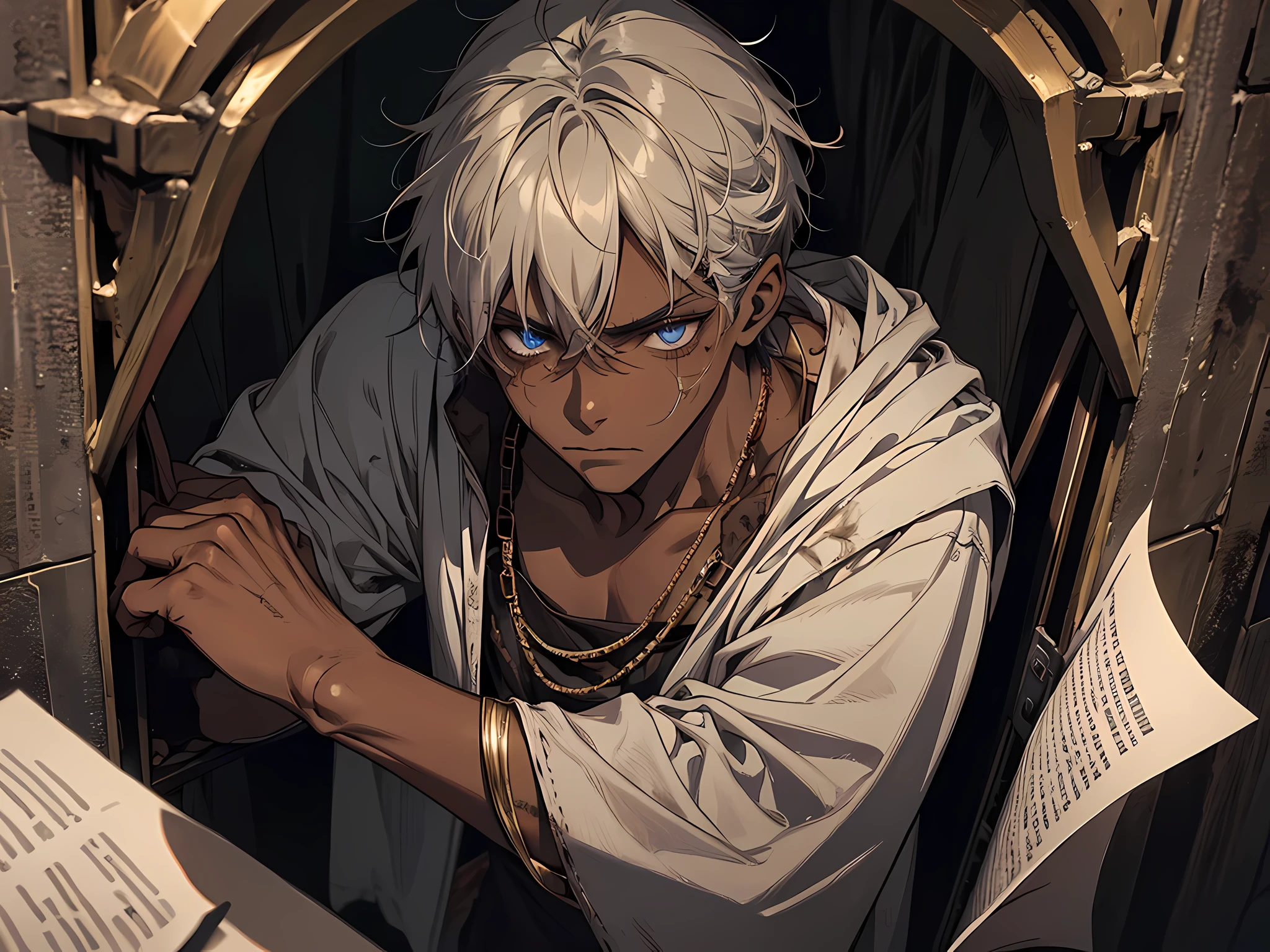 thin young man, dark skin, medieval times, in tiny room, dirty room, poor man, ragged oversized clothes, bruised, punch scars, bloody face, imprisoned, detailed face, detailed eyes, detailed nose, frustrated face
