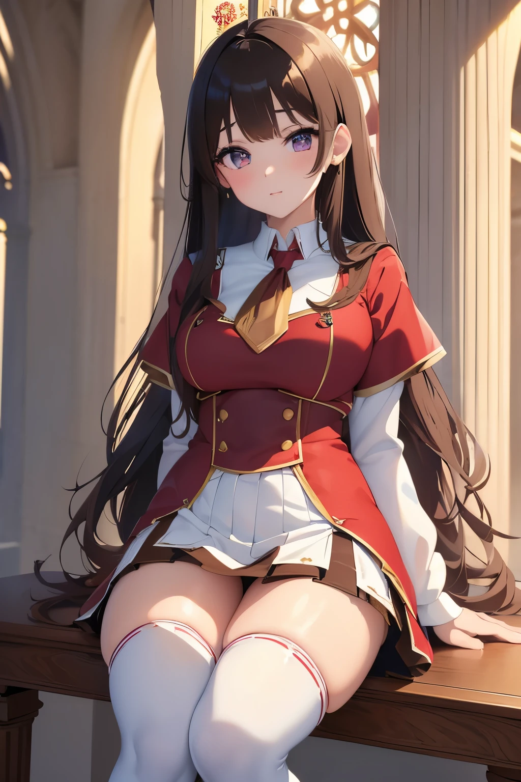 best quality, 32k, RAW photo, incredibly absurdres, extremely detailed, delicate texture, 18 years old expressionless beauty, (wearing red, white and gold magic school uniform, brown miniskirt, brown knee-high socks, thighs:1.3), superlative body proportion, glossy black medium straight hair, black-purple big eyes, background church cathedral