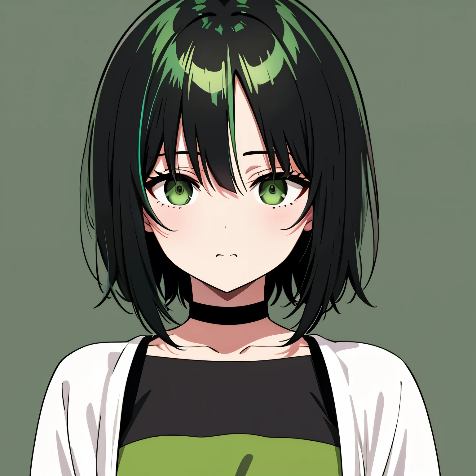 (Split-color hair, black hair, green hair)), green eyes, short hair, high quality, masterpiece, best quality , focus on face, depression,black background, closed mouth, (blank eyes1.5) expressionless