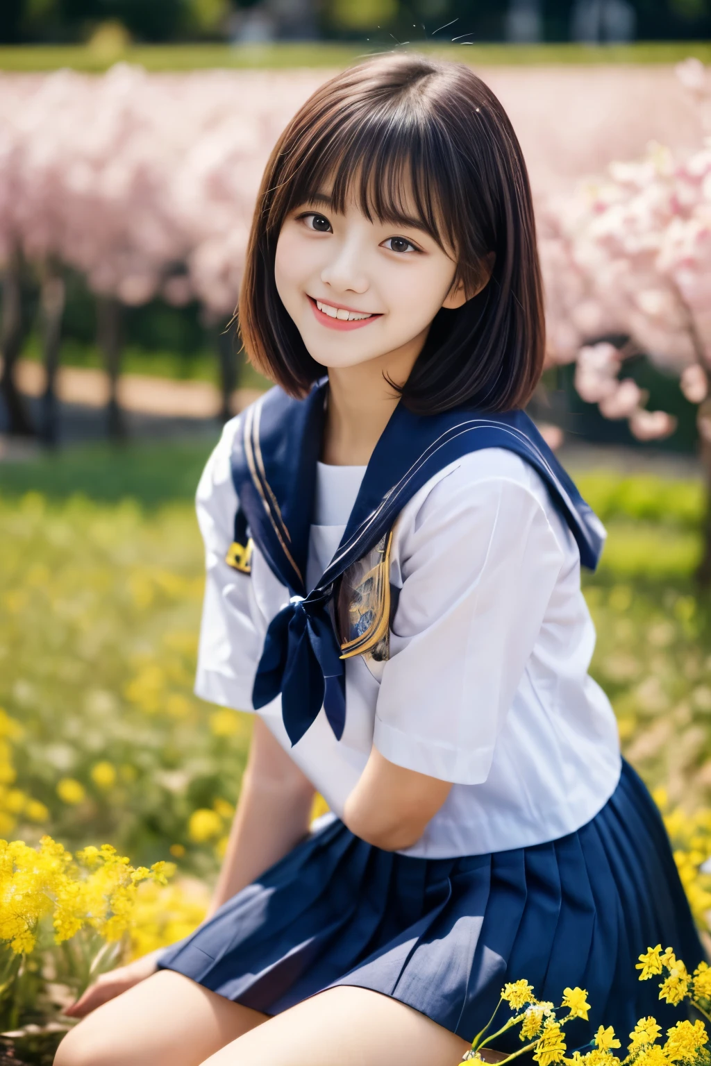 masterpiece, Best Quality, 8K, 1 girl, (18 years old), r, Raw photo, smile, Solo, (A super cute idol-like face:1.4), Delicate girl, Black hair, middle bob hair, straight hair, bangs, Looking at Viewer, Candid, Sophisticated, Professional Lighting, Film grain, whole body, beautiful figure, The background is a field of yellow rape blossoms and rows of cherry blossom trees, (White shirt, sailor school uniform, navy pleated skirt:1.2), tiny chest, Cherry Blossom, Sitting on the bench,