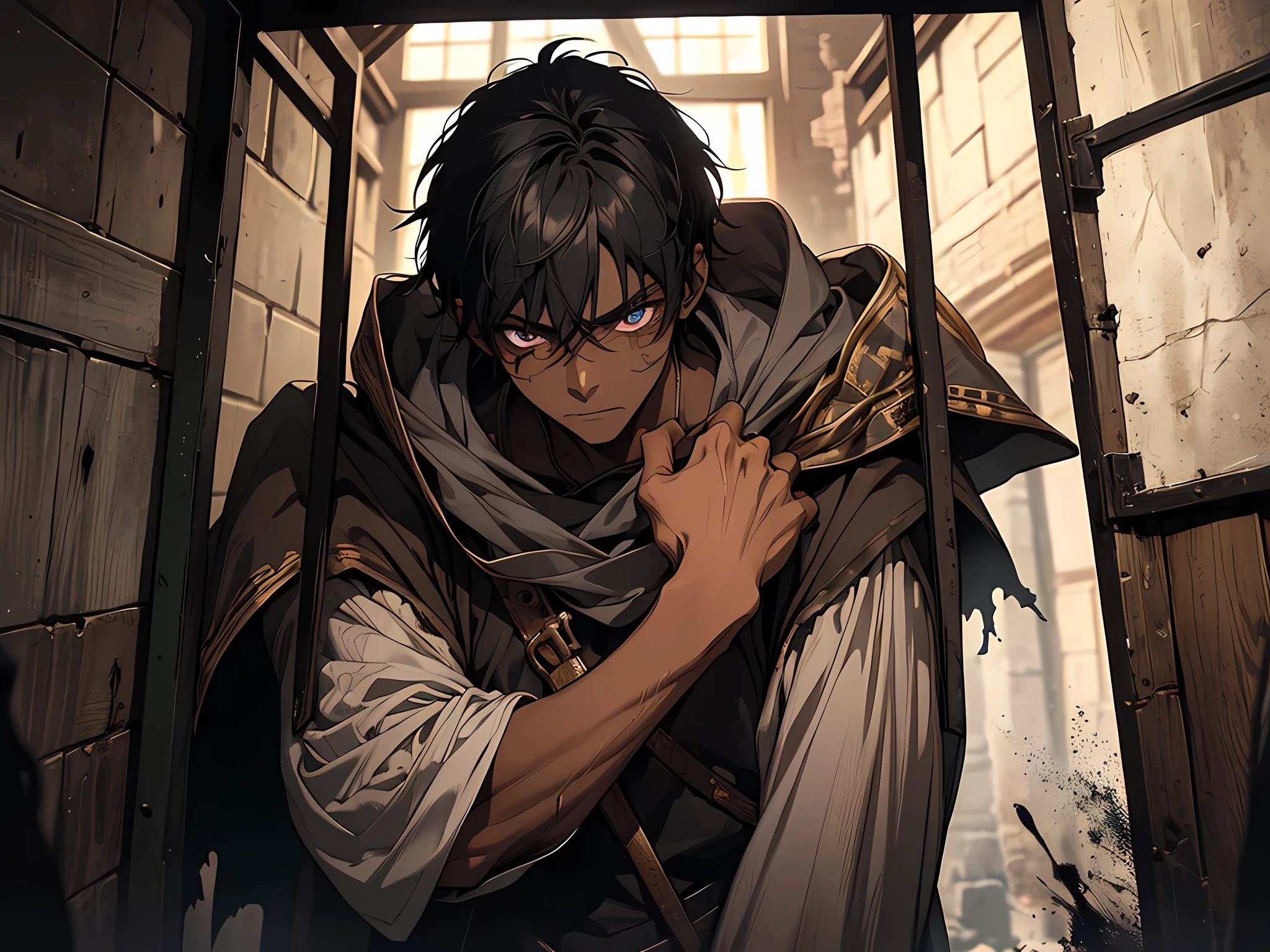 thin young man, dark skin, black hair, medieval times, in tiny room, dirty room, poor man, ragged oversized clothes, bruised, punch scars, bloody face, imprisoned, detailed face, detailed eyes, detailed nose, frustrated face
