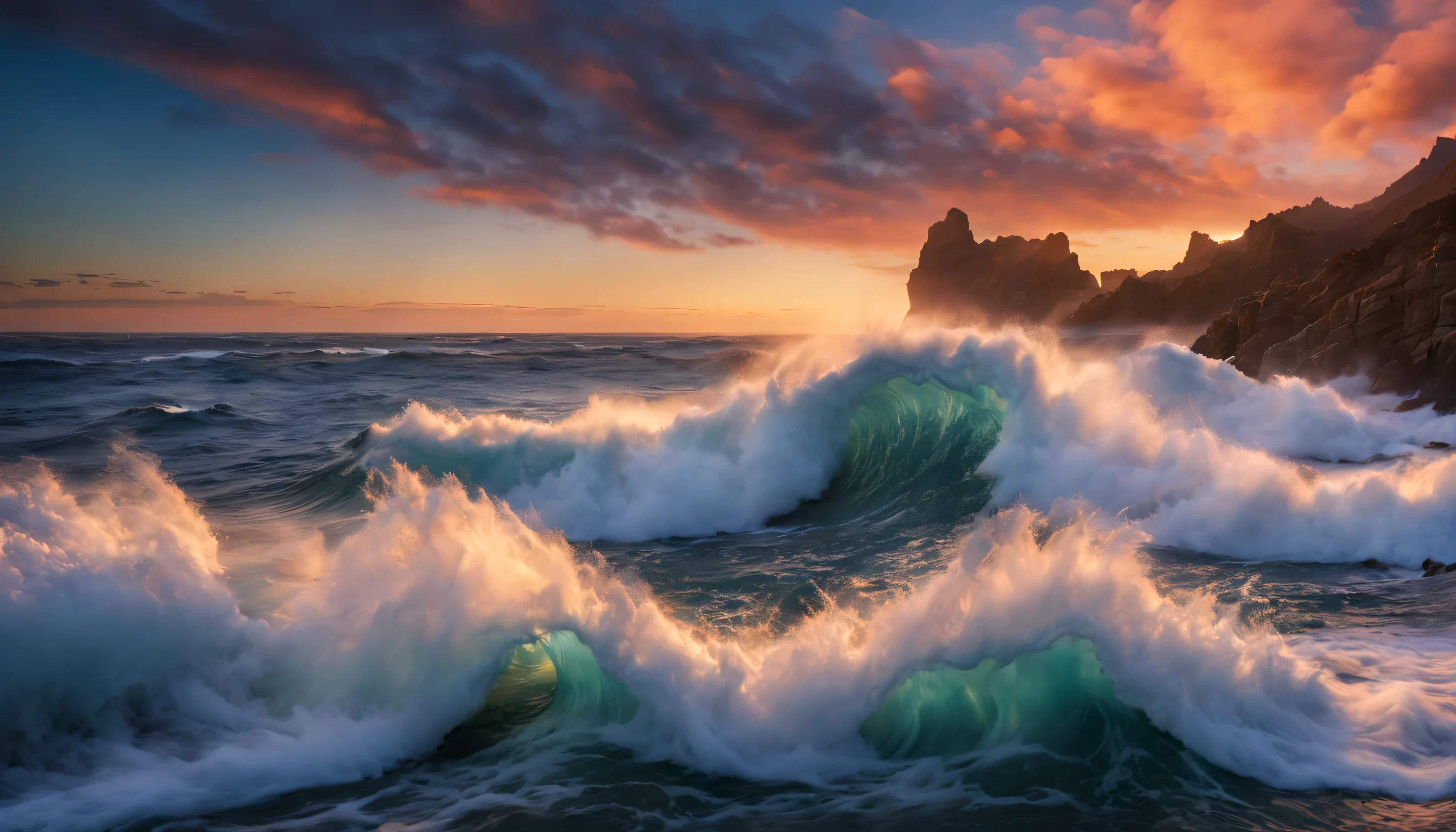 arafed view of a dawn over the blue ocean with waves crashing, chaotic sea setting, breathtaking colors, breathtaking look, breathtaking composition, beautiful sea landscapes, stunning dawn, magnificent background, dawn glow, beautiful background, beautiful dreamy breathtaking, marc adamus, warm beautiful scene, epic dawn, beautiful dawn, beautiful dawn glow, beautiful blue ocean