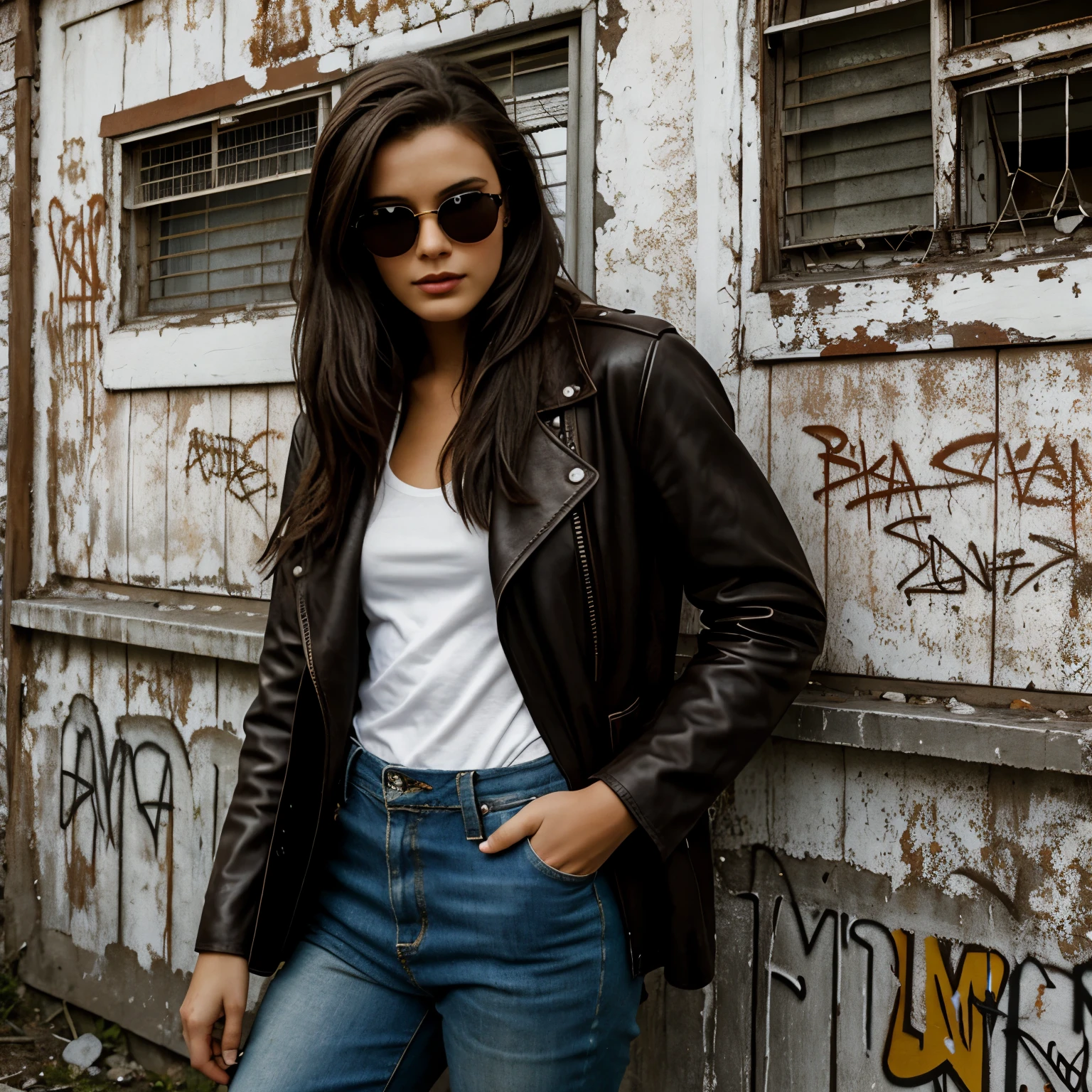 a beautiful brunette 18 yearold leather glasses abandoned house grafitti