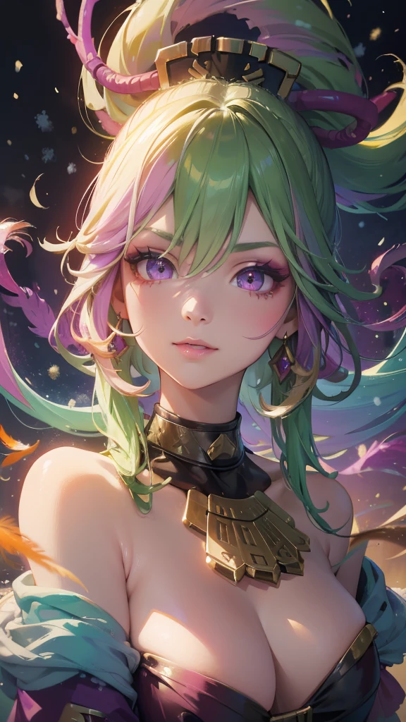 masterpiece, best quality, 1 girl, Smile, Colorful cloudy smoke and green and purple swirls on colorful background, (snow) (( Swirl Swirl Colorful Hair)), Wear a white fur coat, ((long hair)), ((correct)), Emotional face, close up, studio light, studio, (((MakeupPortrait, pink eyeshadow))), ((Lots of gold and orange swirls on the face，Colorful snow and feathers)) big breasts