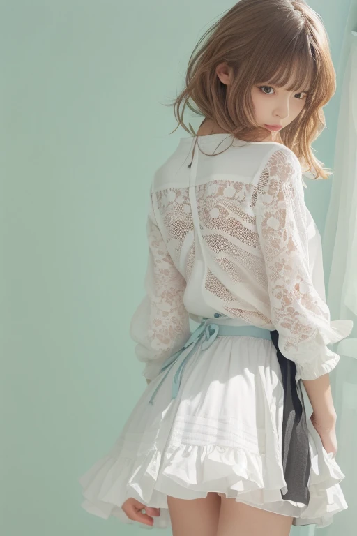 (arms behind back) , masterpiece , top quality , very detailed , 1 person, ((contrasting eyes)) , standing , blouse, skirt , bangs , room , indoor