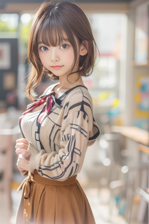 (upper body) , masterpiece , top quality , very detailed , 1 person, (contrasting eyes) , standing , blouse, skirt , bangs , room , indoor