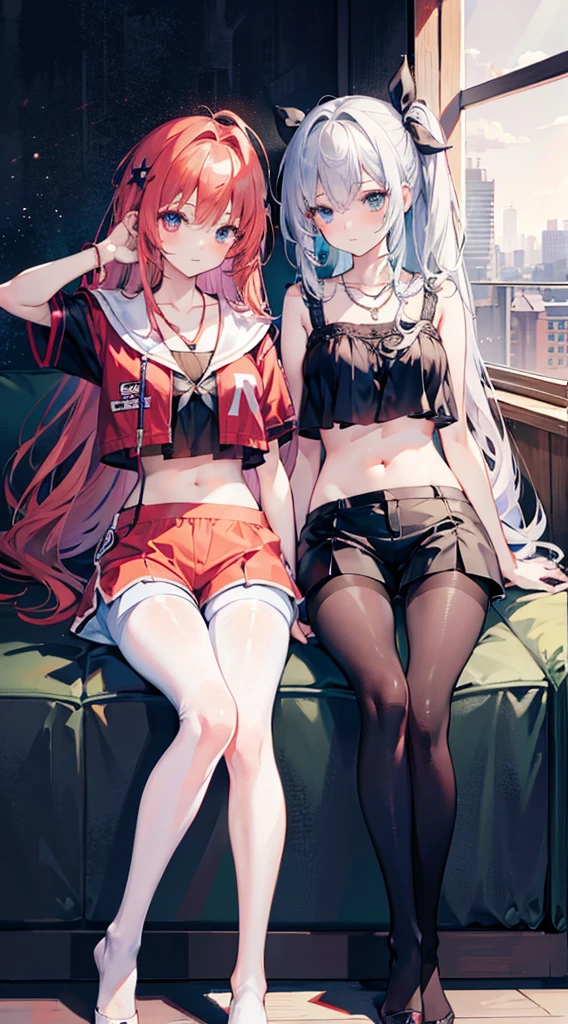 ,twin, masterpiece,best quality,official art,Extremely detailed CG unified 8k wallpaper, 2 girls, cute female , Yuri, hair accessories, shorts, crop top, pantyhose, ribbon_necklace, leg straps,