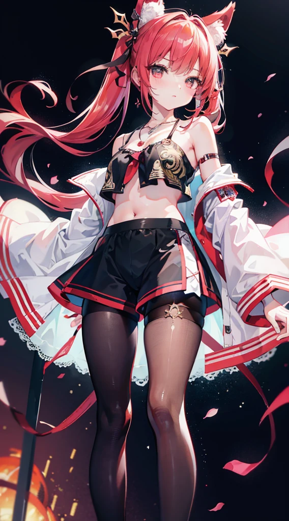 ,twin, masterpiece,best quality,official art,Extremely detailed CG unified 8k wallpaper, 2 girls, cute female , Yuri, hair accessories, shorts, crop top, pantyhose, ribbon_necklace, leg straps,