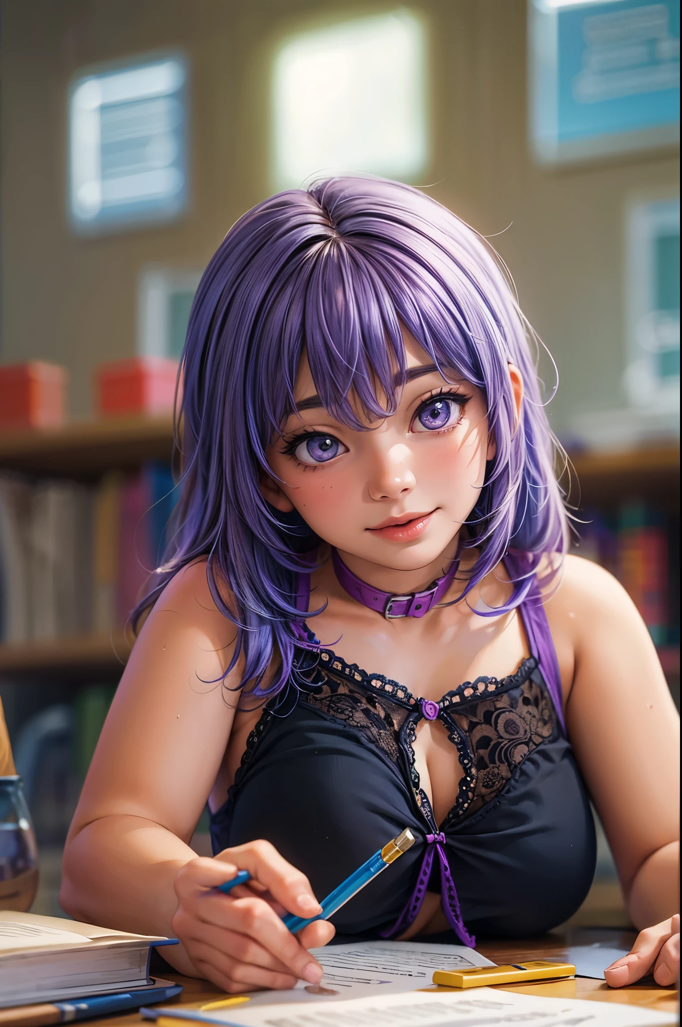 girl, purple hair,classroom, summer, perfect quality, clear focus (Clutter - Home: 0.8), (masterpiece: 1.2) (realistic: 1.2) (Bokeh) (highest quality) (fine skin: 1.3) (intricate details) (8K) (eye for detail) (sharp focus), (Happy),covering breasts with hands,Super plump and firm big breasts,(saggy breasts, bewitching body: 1.2)