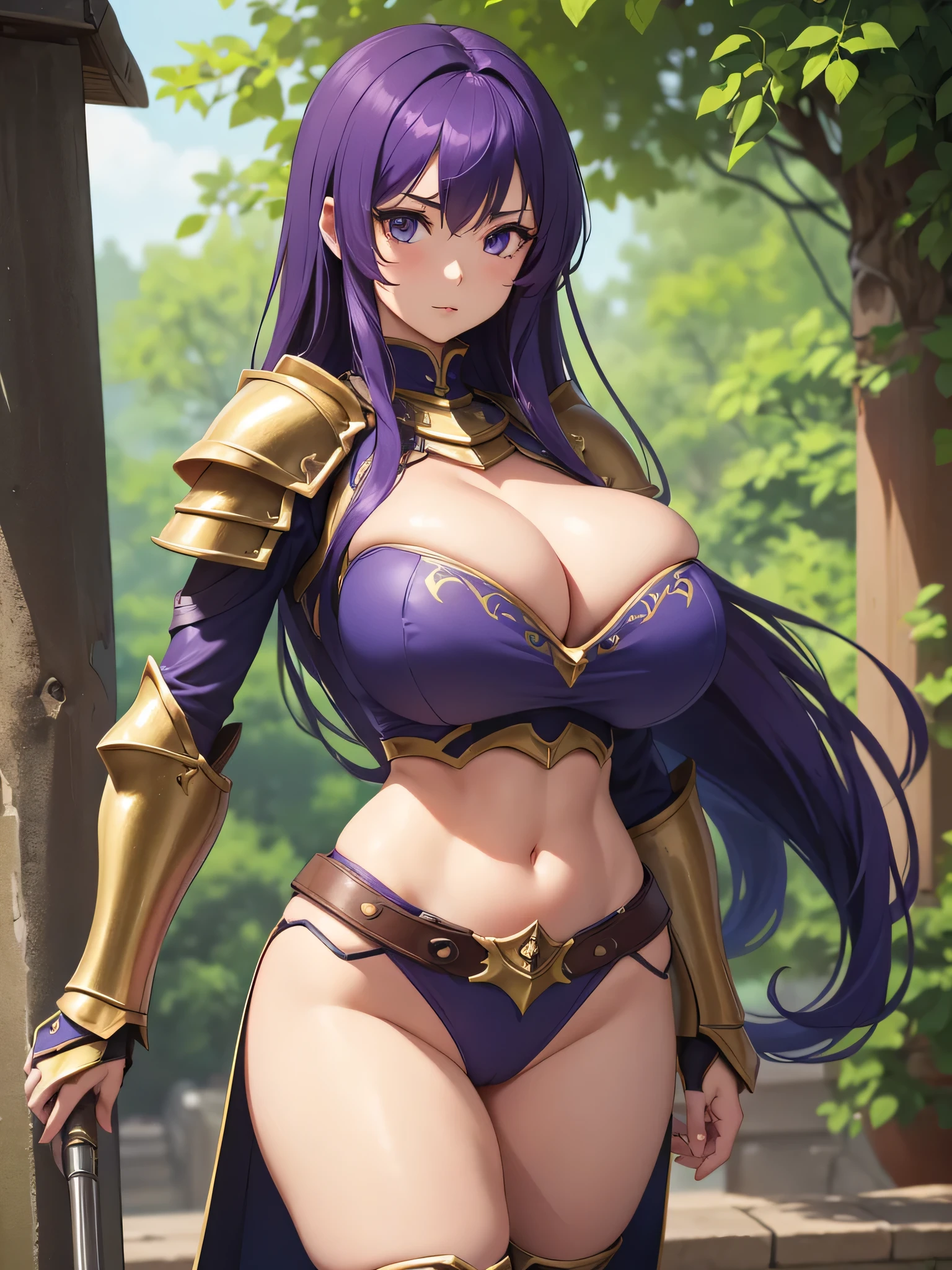 super high image, super detail, super high resolution, best quality, (full body image), ((anime)), (((masterpiece))), , (((girl))), (ars old)retty face), (perfect body), (hourglass body shape), (high quality hands), ((long glossy purple hair)), (beautiful eyes), ((massive breasts:1.5)), (showing cleavage), (sexy), (((paladin armor))), sexy expression, (((erotic pose))), (thin waist:1.0), (wide hips:1.2), (thick ass:1.0), ((outside)), ((midriff))
