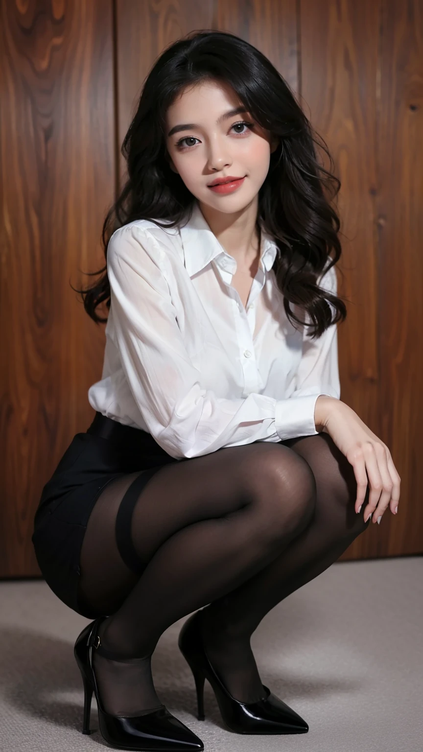 ((Top quality, 8k, Masterpiece: 1.3)), beauty, hidden face, 1 girl, beauty: 1.3, slender abs: 1.1, shirt (loose: 1.4) exposed, no underwear, hip skirt, black stockings, high heels, full, long black hair, (sitting cross-legged on the sofa), ultra-detailed face, highly detailed lips, detailed eyes, double eyelids, strict head and body ratio: 1.5,