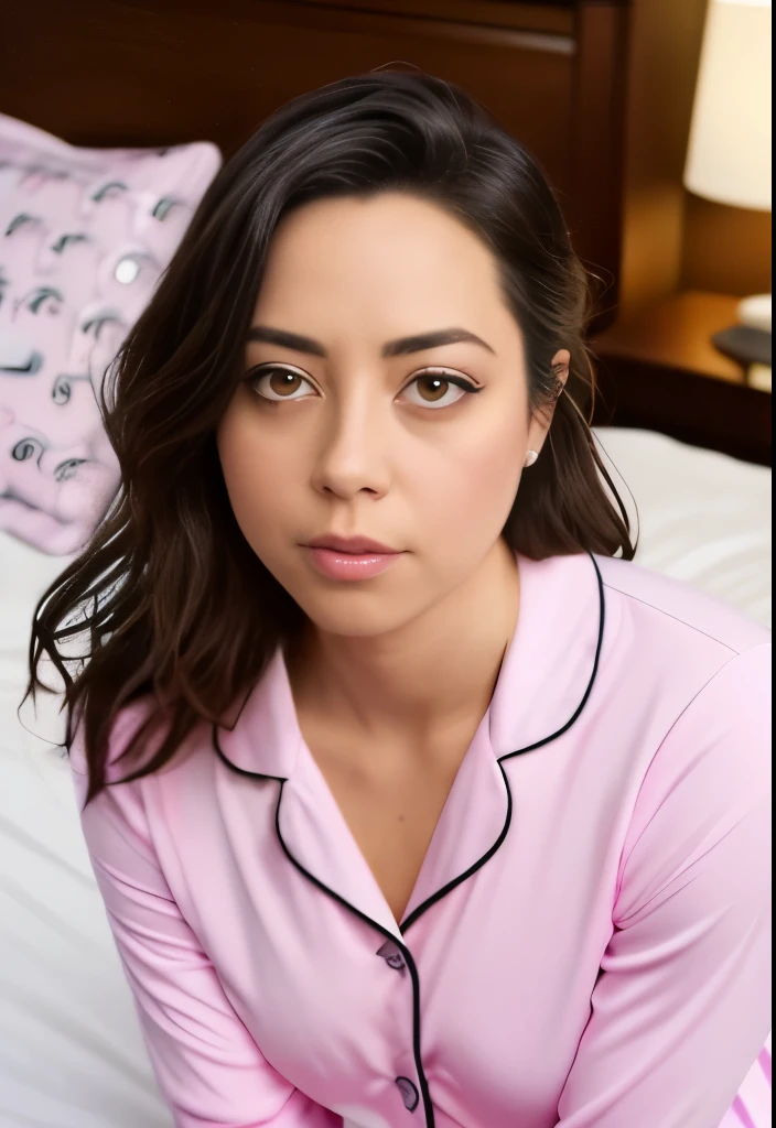 masterpiece, lifelike upper body image of AubreyPlaza, ((wearing pink tight PJs)), frowning, photo realistic, highly detailed, eyeliner and eye shadow , detailed face, resting bitch face, hair windswept, dramatic lighting, detailed eyes, sitting on a bed